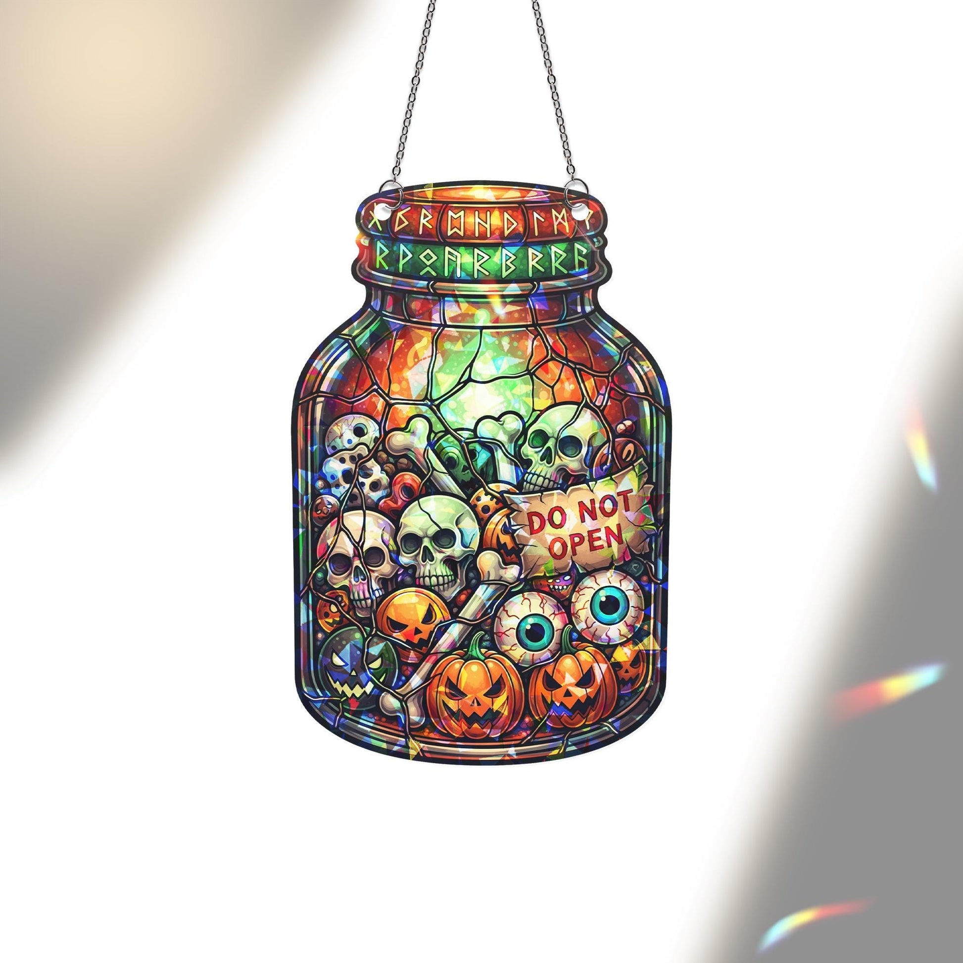 Halloween Jar Stained Glass Suncatcher | Spooky Skull Pumpkin Eyeball Decor | Creepy Window Hanging Ornament