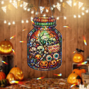 Halloween Jar Stained Glass Suncatcher | Spooky Skull Pumpkin Eyeball Decor | Creepy Window Hanging Ornament