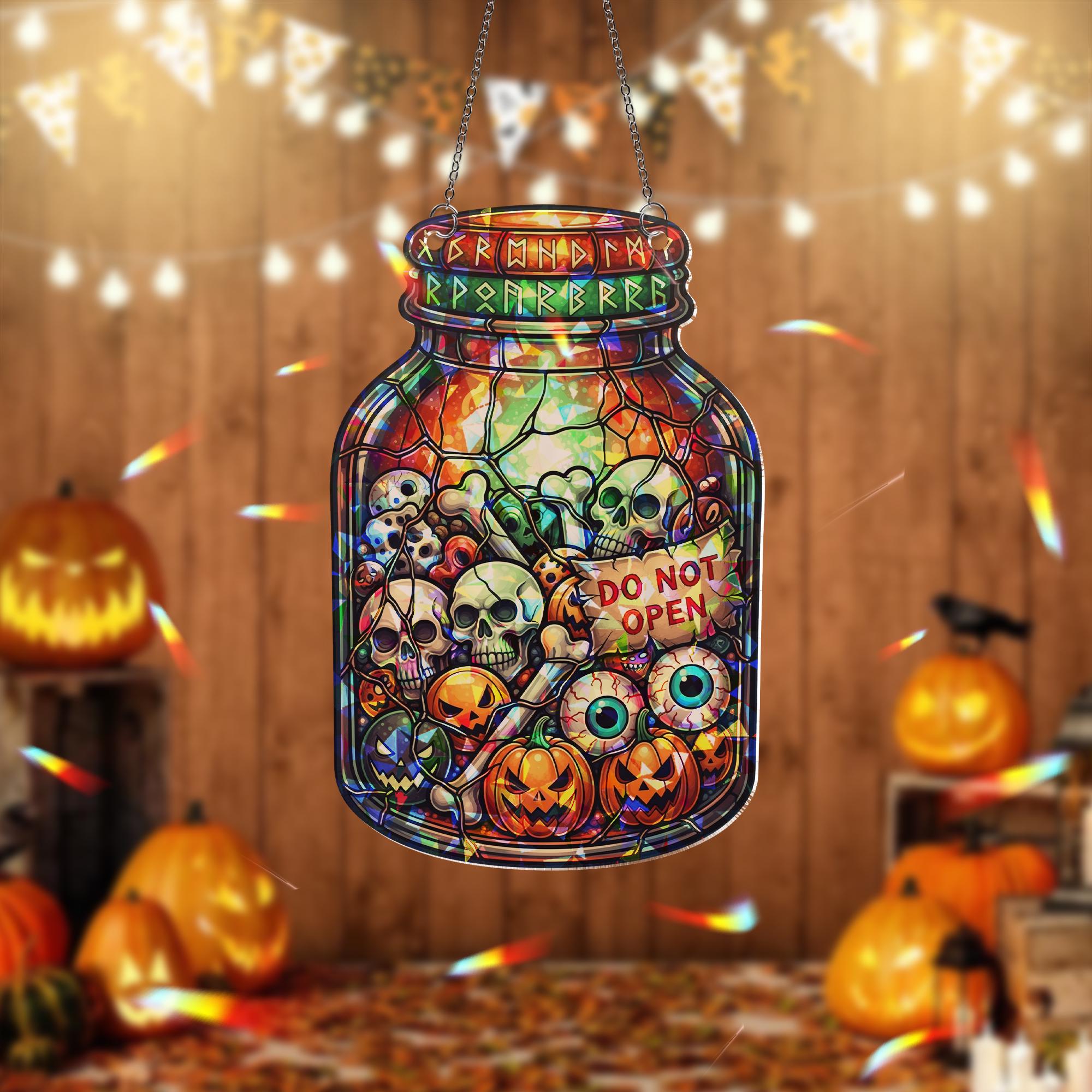 Halloween Jar Stained Glass Suncatcher | Spooky Skull Pumpkin Eyeball Decor | Creepy Window Hanging Ornament