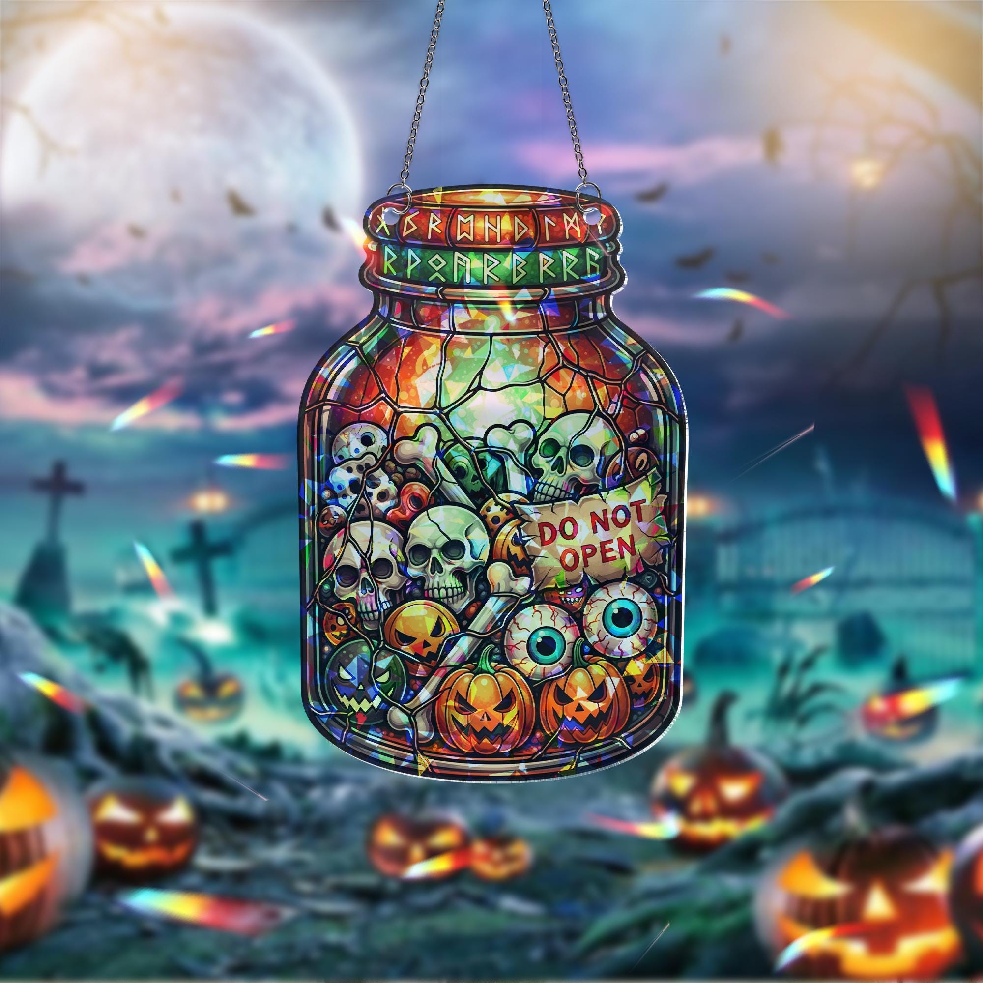 Halloween Jar Stained Glass Suncatcher | Spooky Skull Pumpkin Eyeball Decor | Creepy Window Hanging Ornament