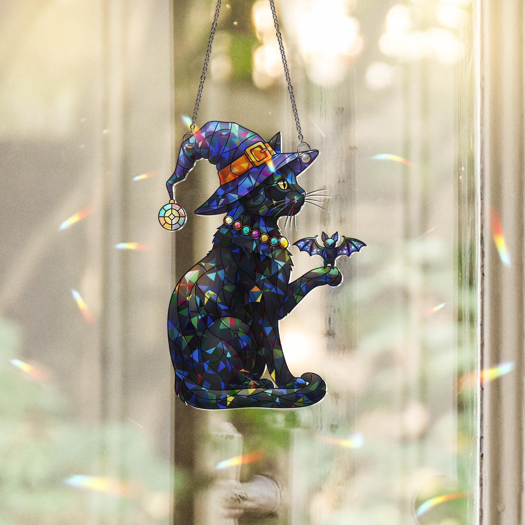 Halloween Black Cat Stained Glass Suncatcher | Witch Hat Cat Window Hanging | Gothic Bat Cat Ornament