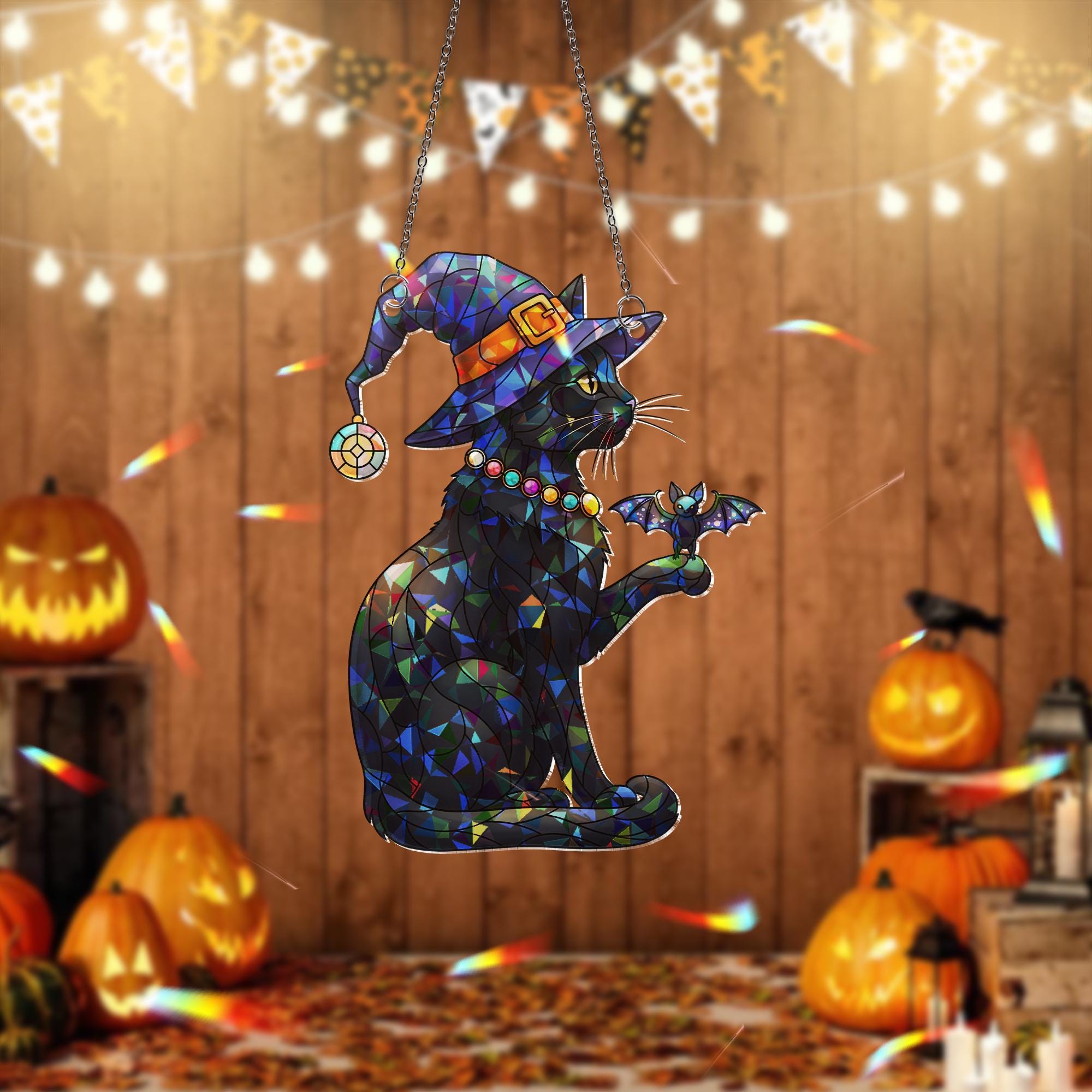 Halloween Black Cat Stained Glass Suncatcher | Witch Hat Cat Window Hanging | Gothic Bat Cat Ornament