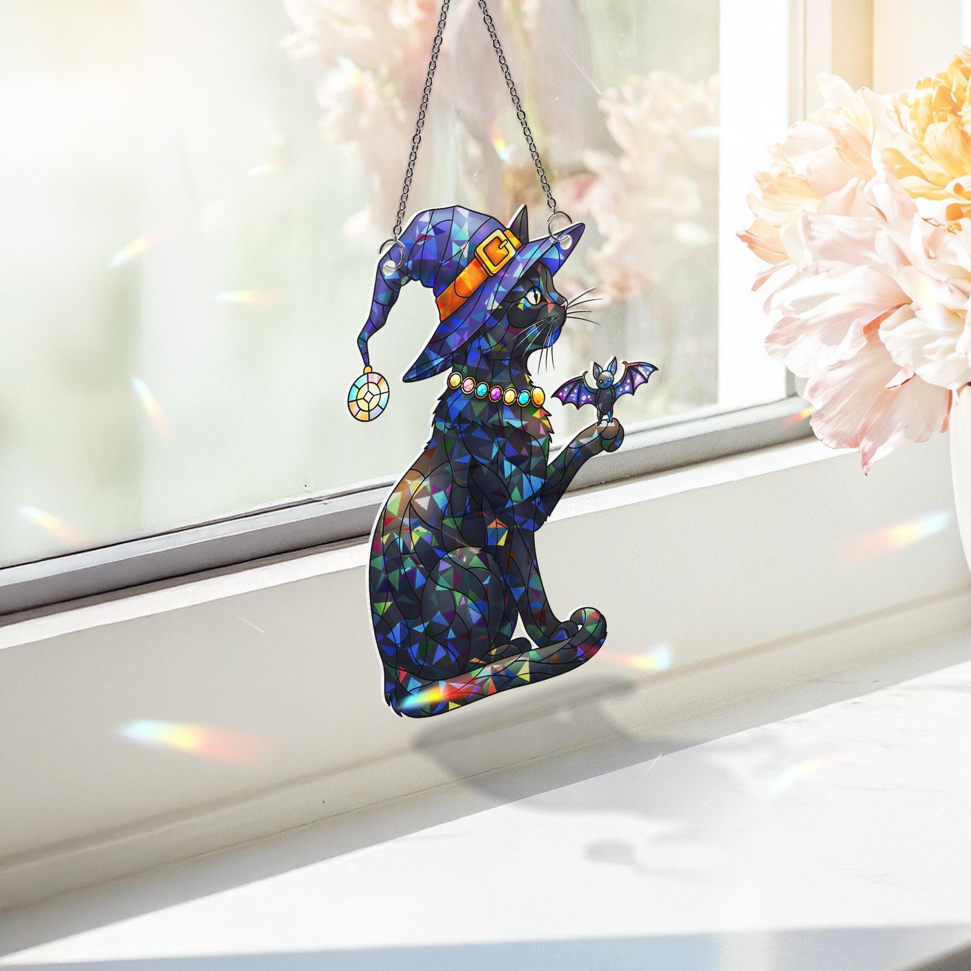 Halloween Black Cat Stained Glass Suncatcher | Witch Hat Cat Window Hanging | Gothic Bat Cat Ornament