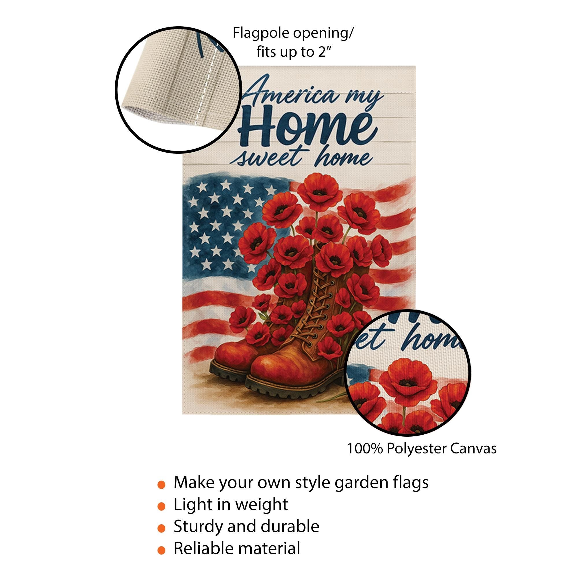 Patriotic Garden Flag – America My Home Sweet Home with Boots and Poppies, 4th of July Outdoor Decor, Memorial Day Yard Decoration