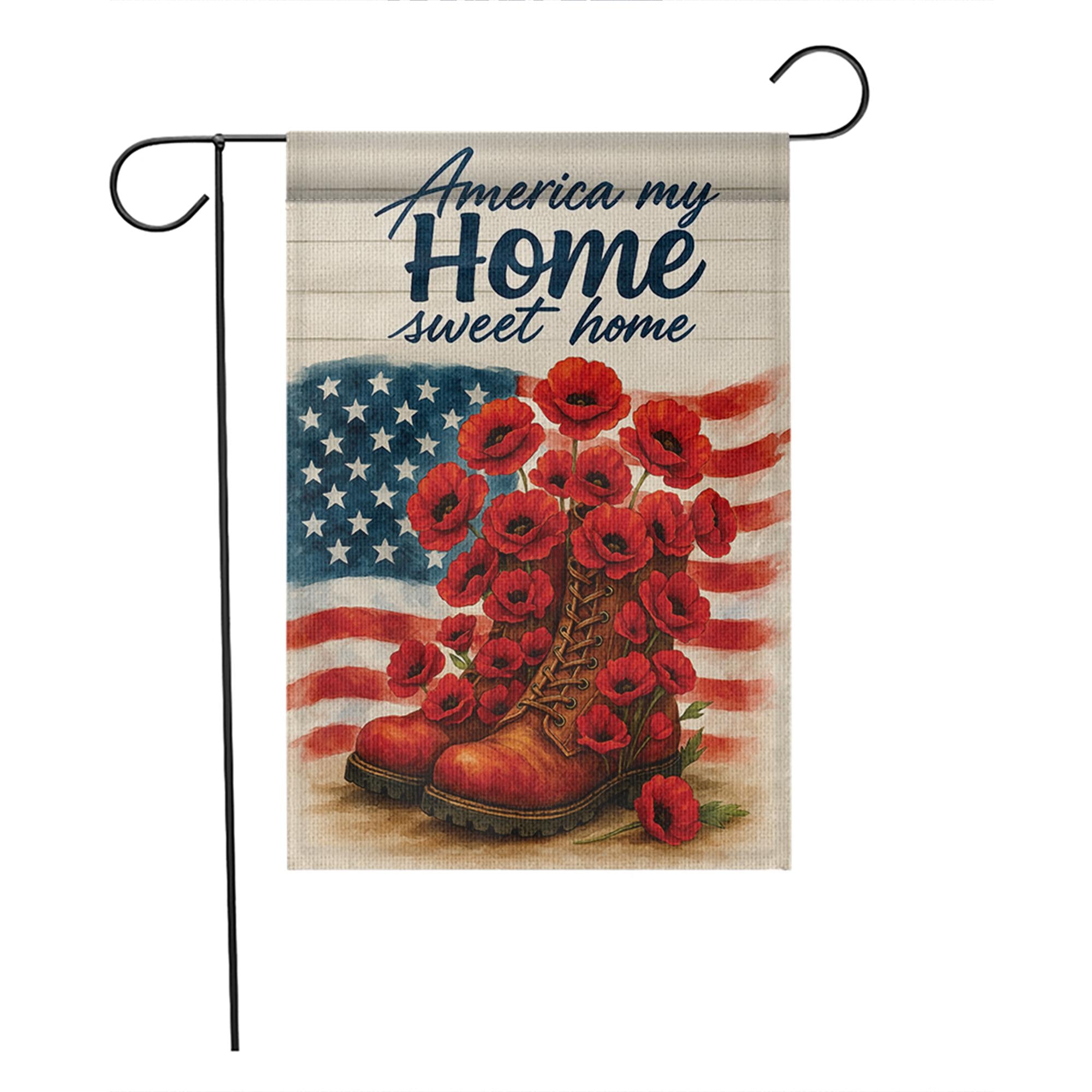 Patriotic Garden Flag – America My Home Sweet Home with Boots and Poppies, 4th of July Outdoor Decor, Memorial Day Yard Decoration
