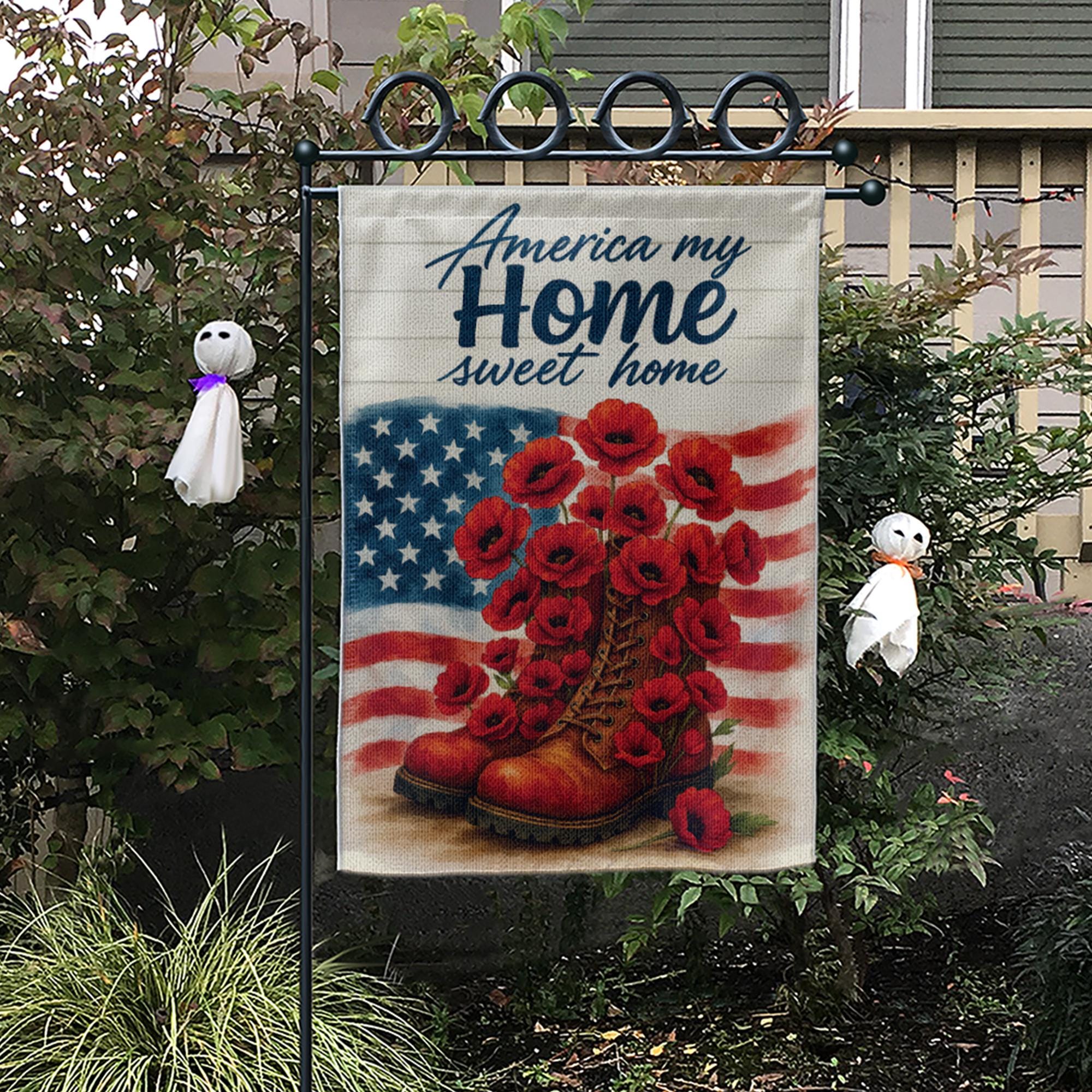 Patriotic Garden Flag – America My Home Sweet Home with Boots and Poppies, 4th of July Outdoor Decor, Memorial Day Yard Decoration