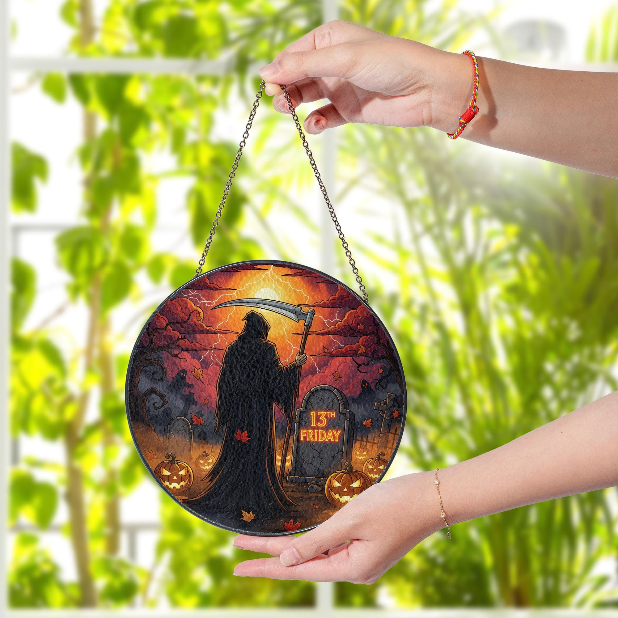 Grim Reaper 13th Friday Halloween Sign – Spooky Hanging Gothic Wall Decor – Friday the 13th Scary Autumn Plaque – Horror Home Decoration