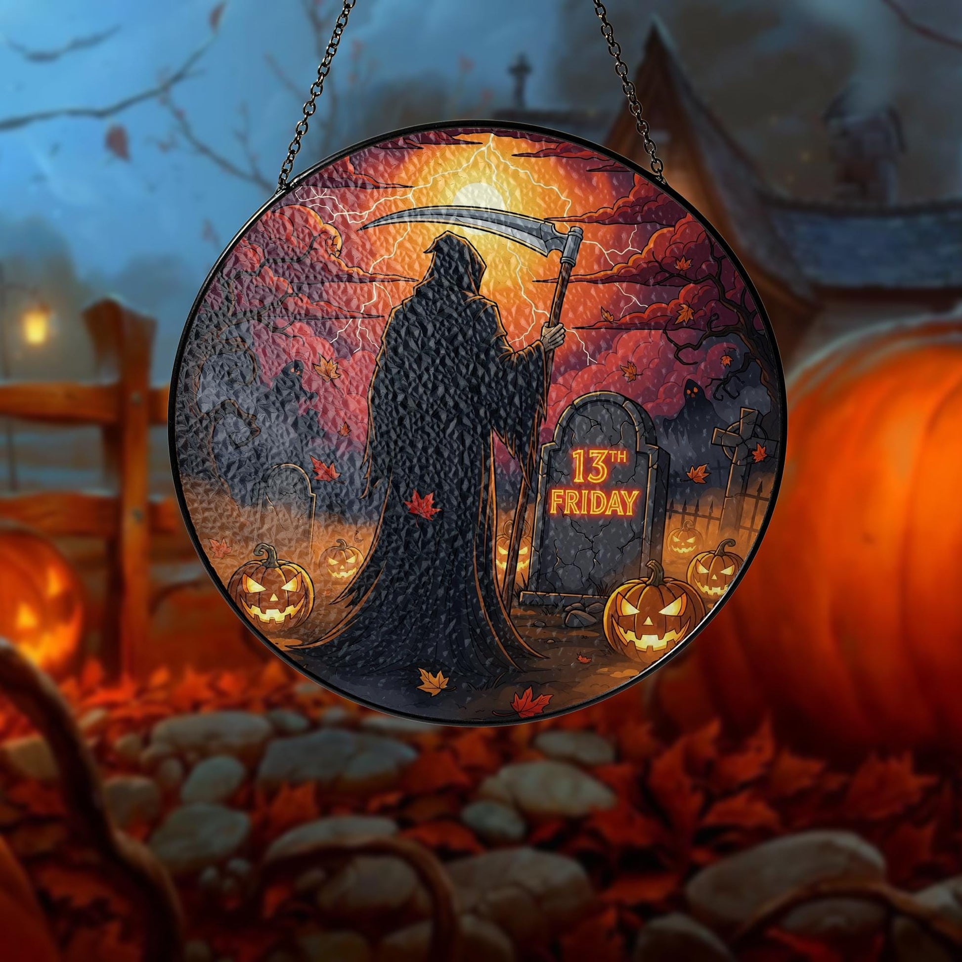 Grim Reaper 13th Friday Halloween Sign – Spooky Hanging Gothic Wall Decor – Friday the 13th Scary Autumn Plaque – Horror Home Decoration
