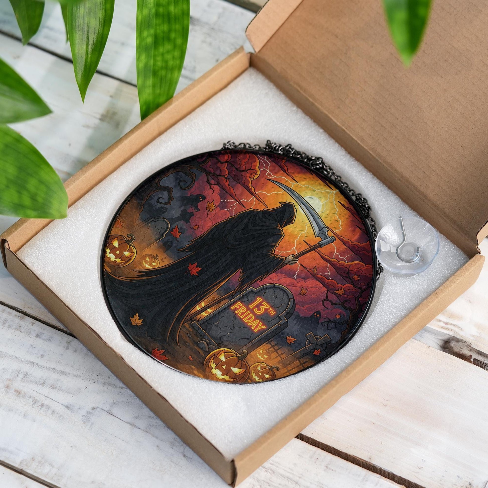 Grim Reaper 13th Friday Halloween Sign – Spooky Hanging Gothic Wall Decor – Friday the 13th Scary Autumn Plaque – Horror Home Decoration