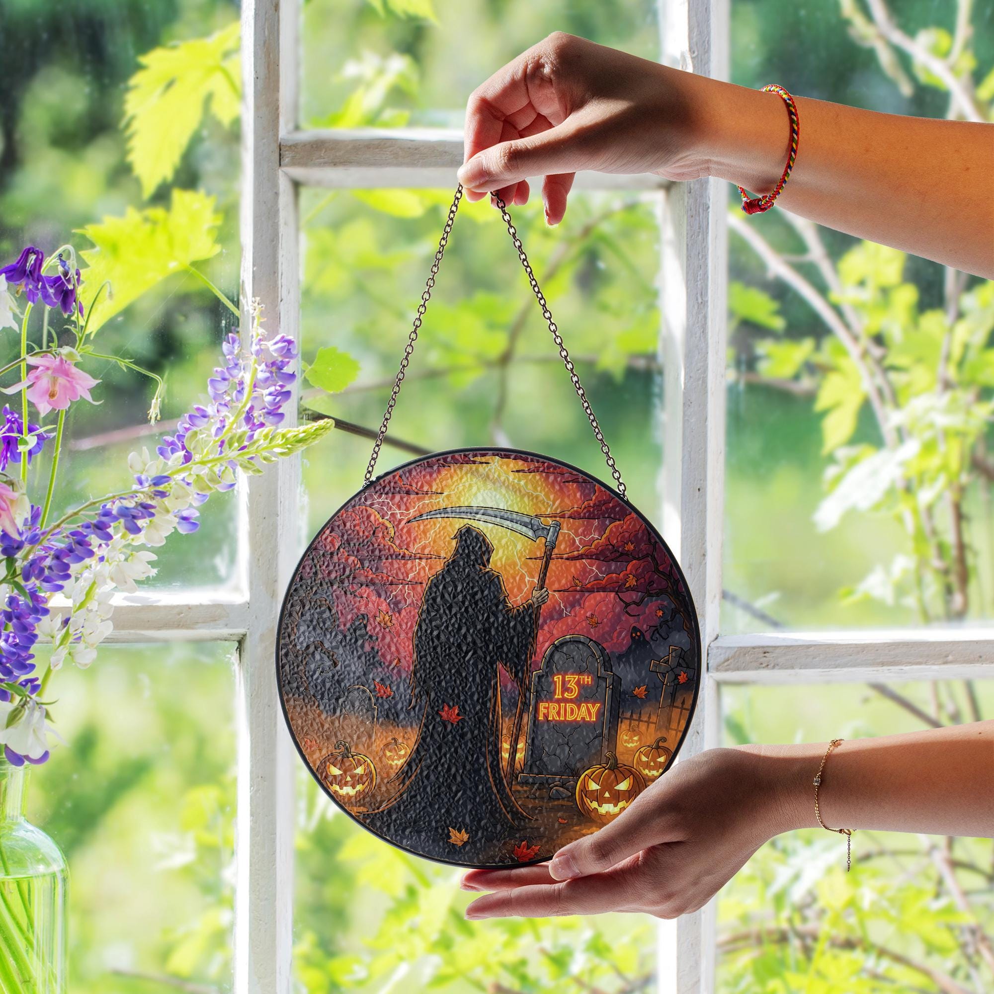 Grim Reaper 13th Friday Halloween Sign – Spooky Hanging Gothic Wall Decor – Friday the 13th Scary Autumn Plaque – Horror Home Decoration