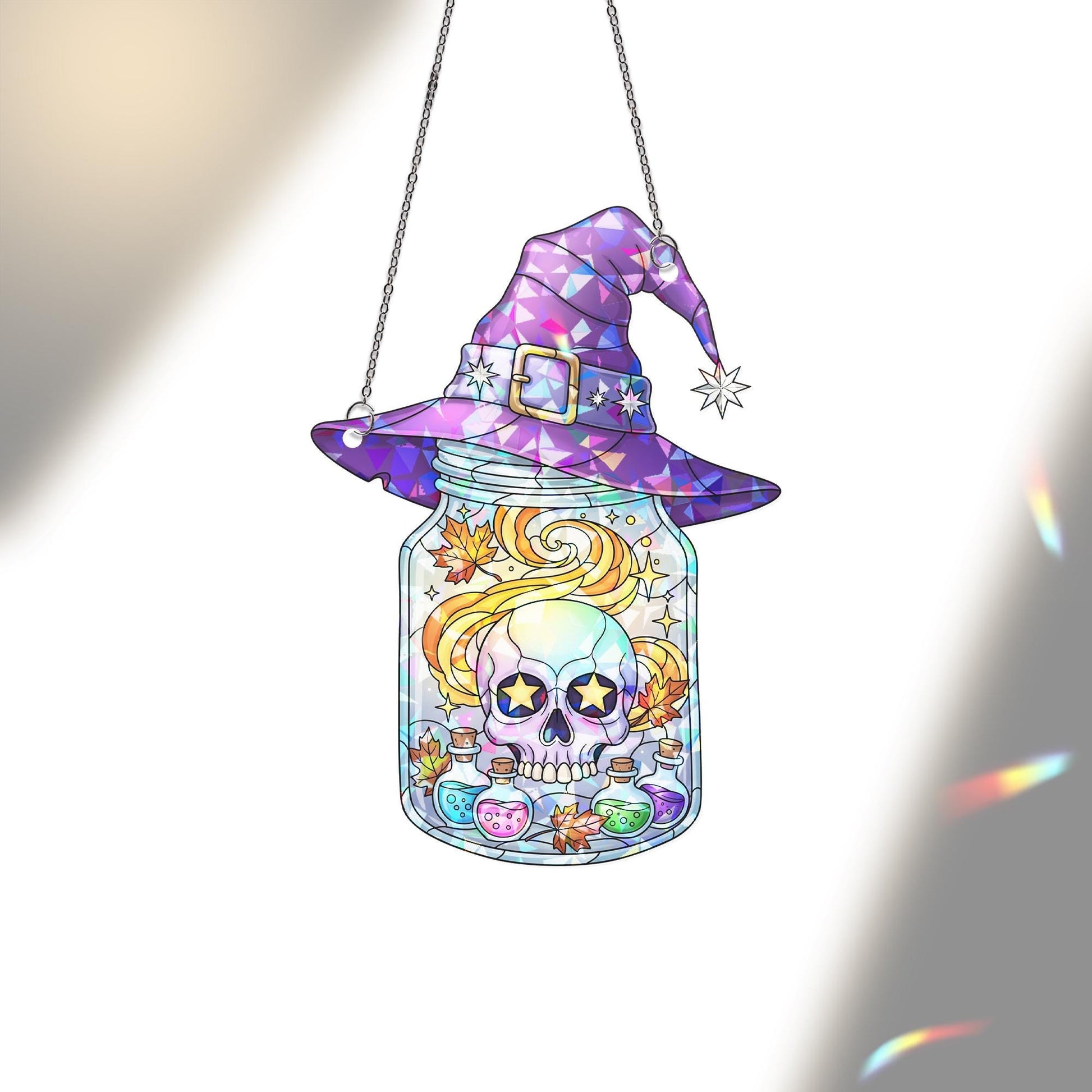 Witch Hat Skull Jar Suncatcher – Halloween Window Decor – Gothic Magic Potion Skull Art – Spooky Witchy Hanging Ornament