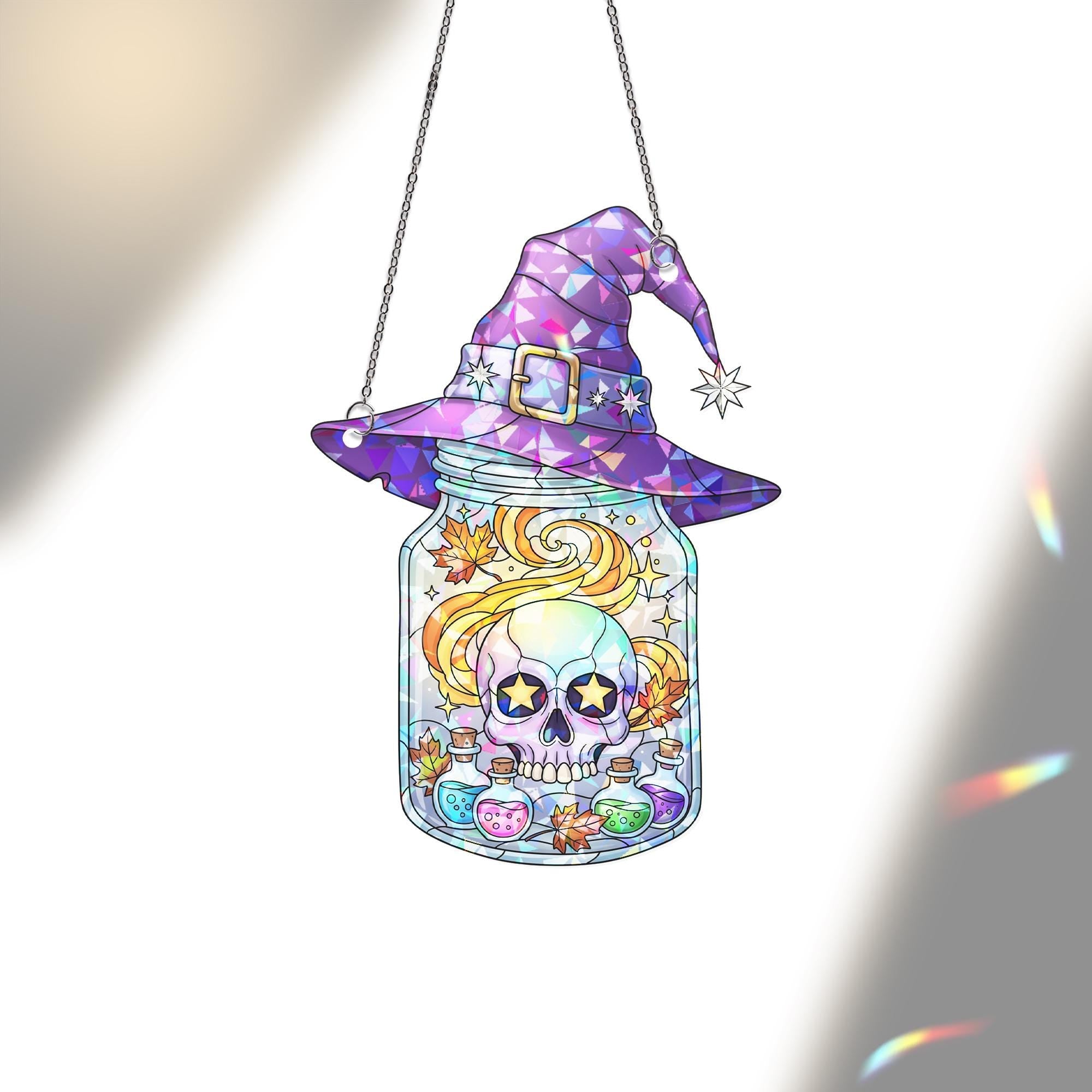 Witch Hat Skull Jar Suncatcher – Halloween Window Decor – Gothic Magic Potion Skull Art – Spooky Witchy Hanging Ornament