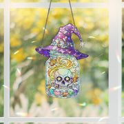 Witch Hat Skull Jar Suncatcher – Halloween Window Decor – Gothic Magic Potion Skull Art – Spooky Witchy Hanging Ornament