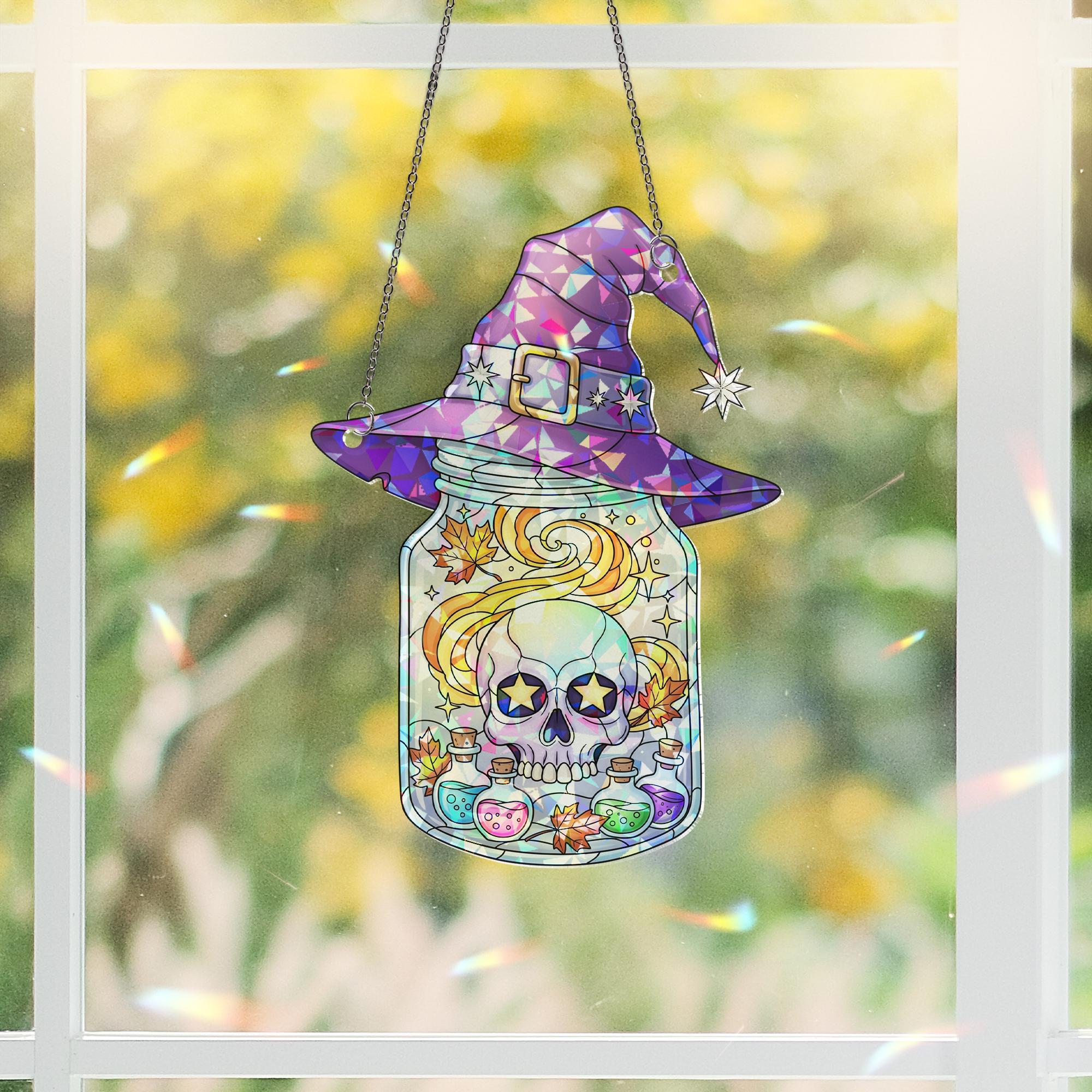 Witch Hat Skull Jar Suncatcher – Halloween Window Decor – Gothic Magic Potion Skull Art – Spooky Witchy Hanging Ornament