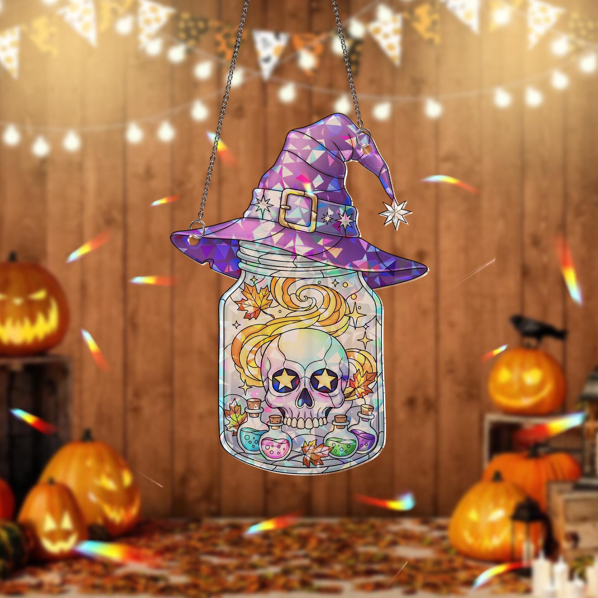 Witch Hat Skull Jar Suncatcher – Halloween Window Decor – Gothic Magic Potion Skull Art – Spooky Witchy Hanging Ornament