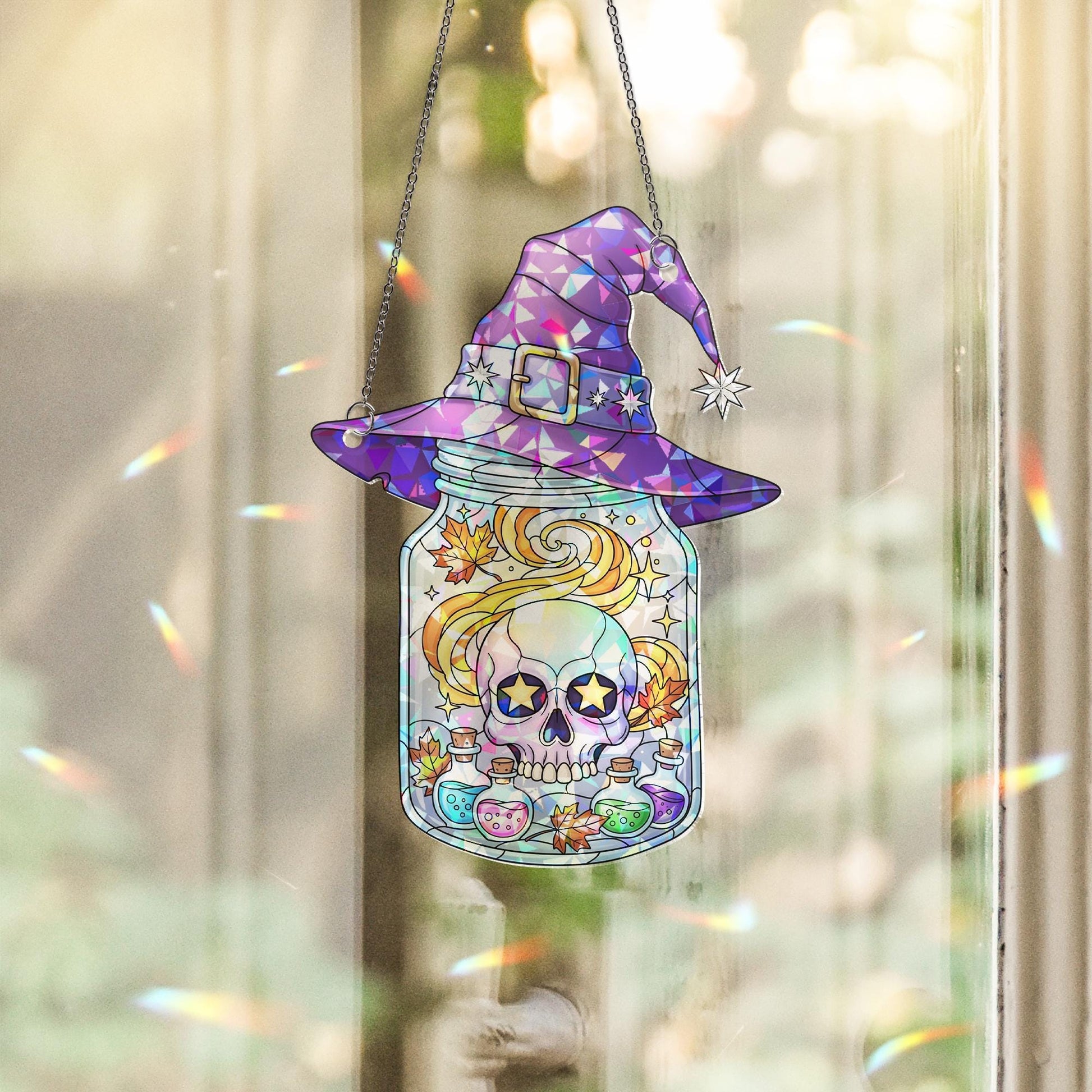 Witch Hat Skull Jar Suncatcher – Halloween Window Decor – Gothic Magic Potion Skull Art – Spooky Witchy Hanging Ornament