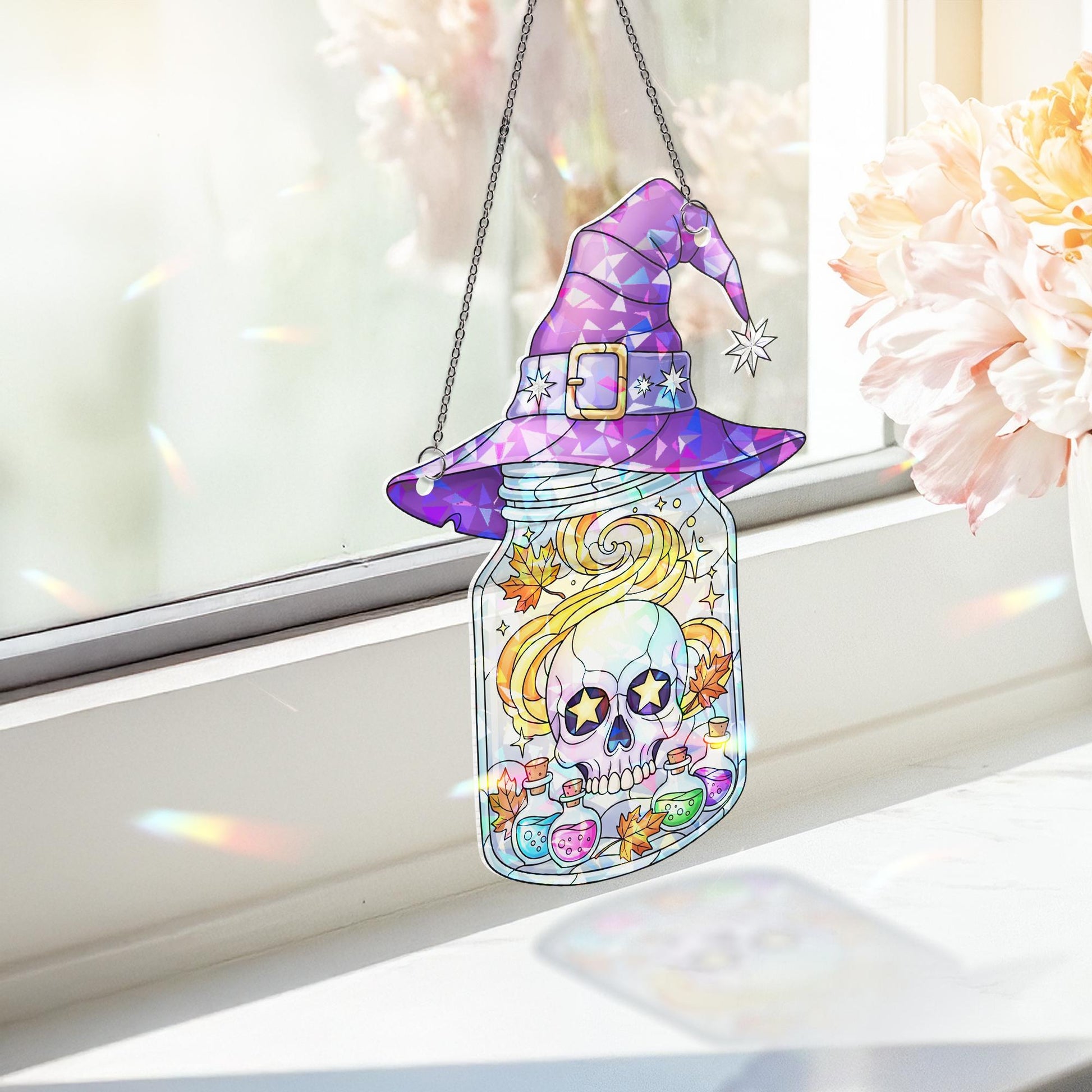 Witch Hat Skull Jar Suncatcher – Halloween Window Decor – Gothic Magic Potion Skull Art – Spooky Witchy Hanging Ornament