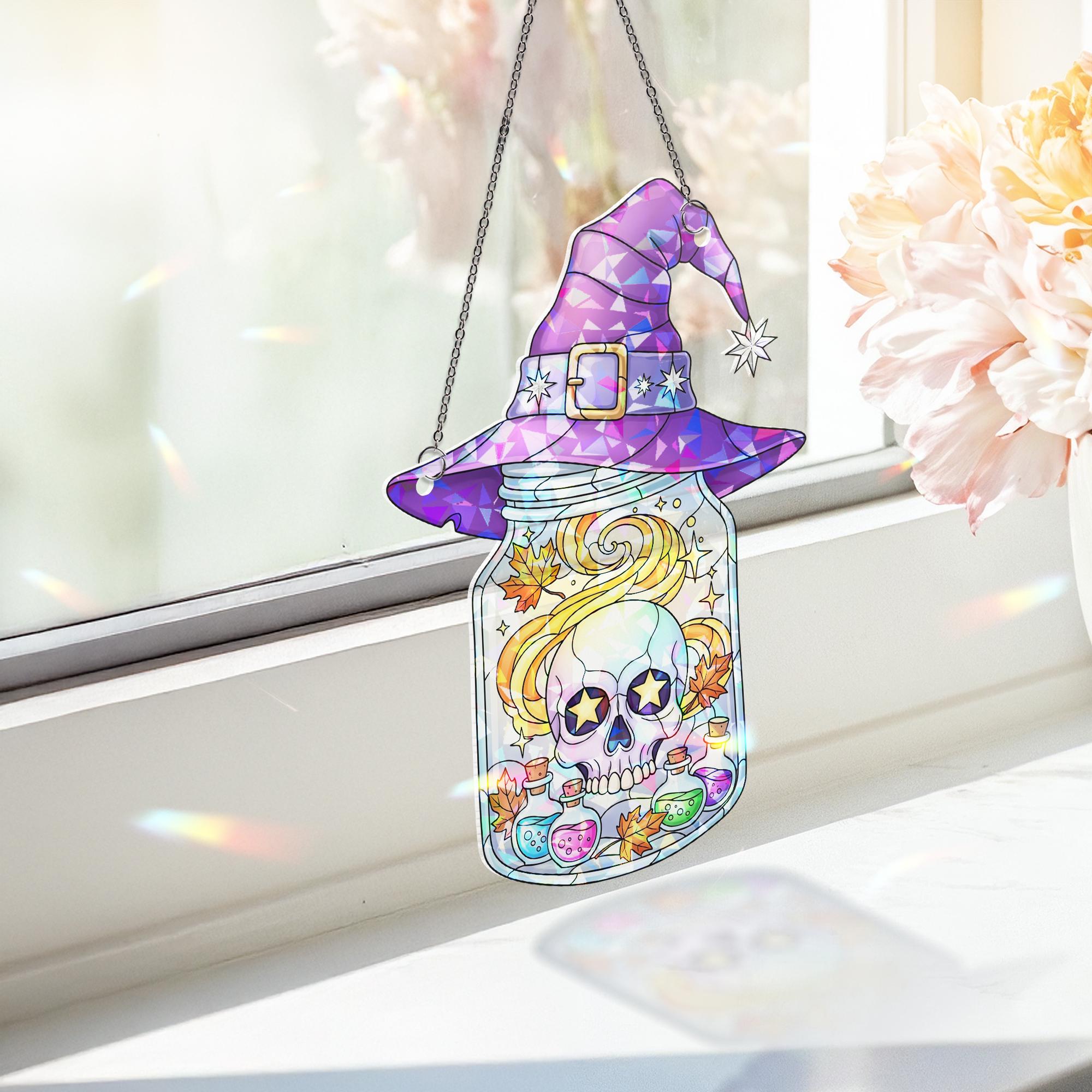Witch Hat Skull Jar Suncatcher – Halloween Window Decor – Gothic Magic Potion Skull Art – Spooky Witchy Hanging Ornament