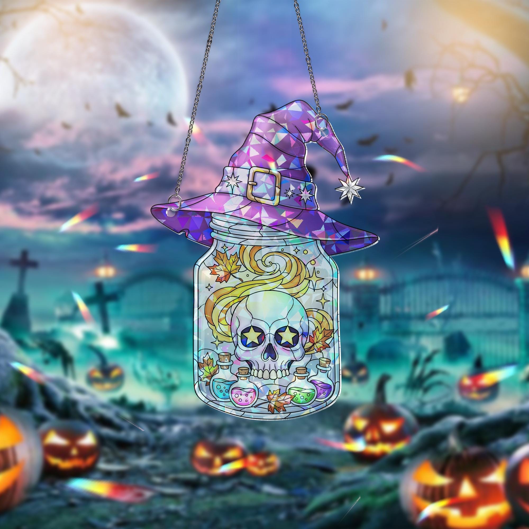 Witch Hat Skull Jar Suncatcher – Halloween Window Decor – Gothic Magic Potion Skull Art – Spooky Witchy Hanging Ornament