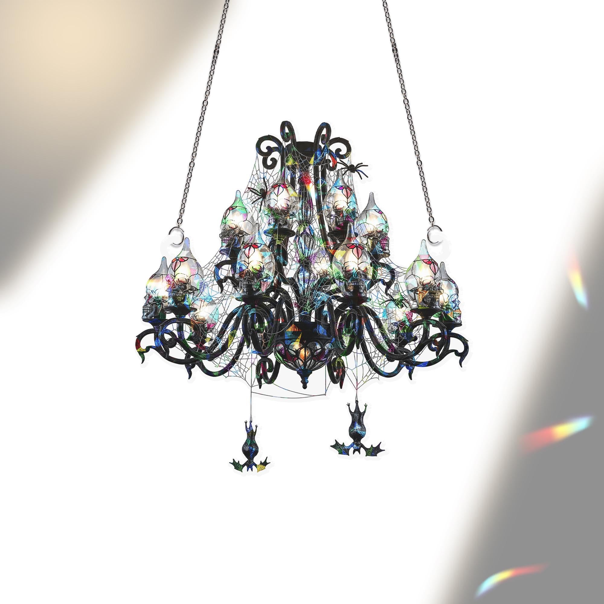 Gothic Skull Chandelier Decor – Haunted House Halloween Light – Spooky Spiderweb Lamp – Dark Witchy Hanging Decoration