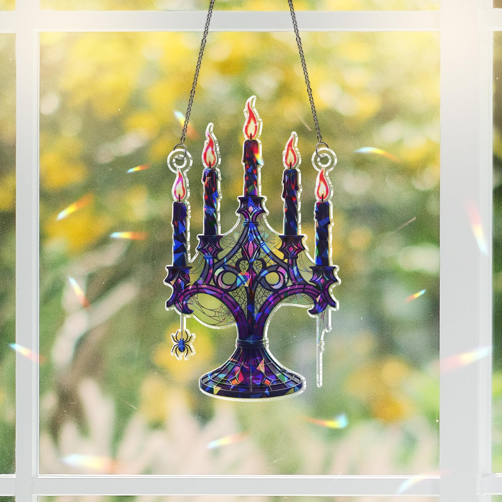 Gothic Candelabra Suncatcher – Halloween Spider Web Window Decor – Spooky Candle Holder Art – Witchy Gothic Hanging Ornament