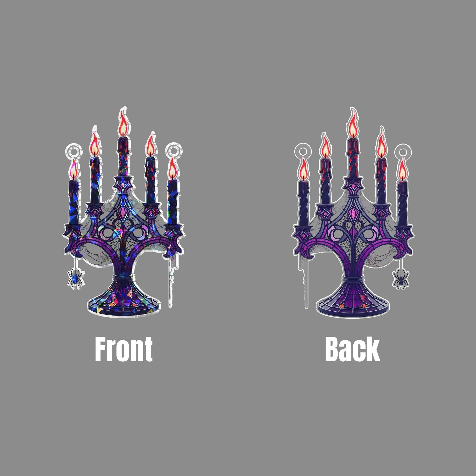 Gothic Candelabra Suncatcher – Halloween Spider Web Window Decor – Spooky Candle Holder Art – Witchy Gothic Hanging Ornament