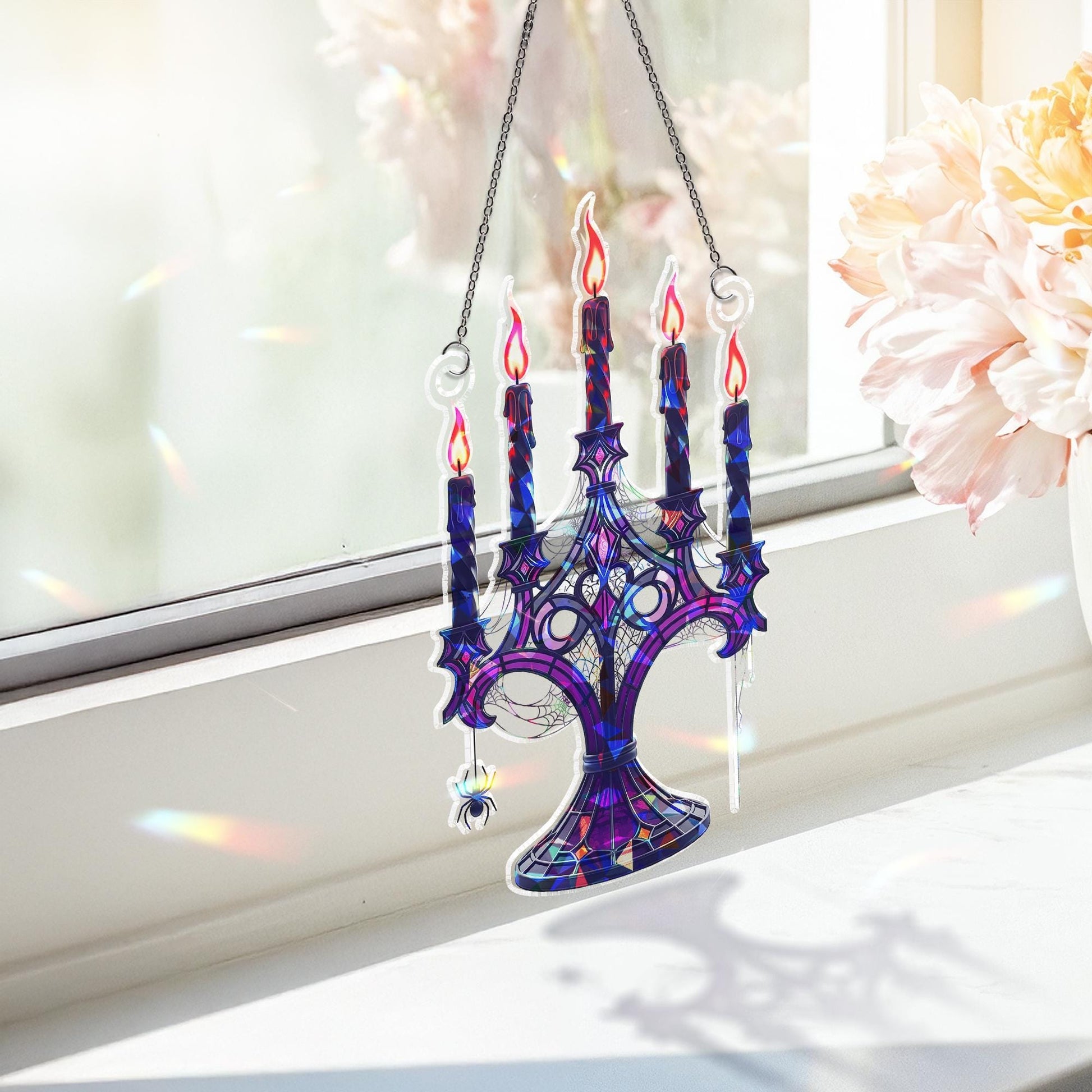 Gothic Candelabra Suncatcher – Halloween Spider Web Window Decor – Spooky Candle Holder Art – Witchy Gothic Hanging Ornament