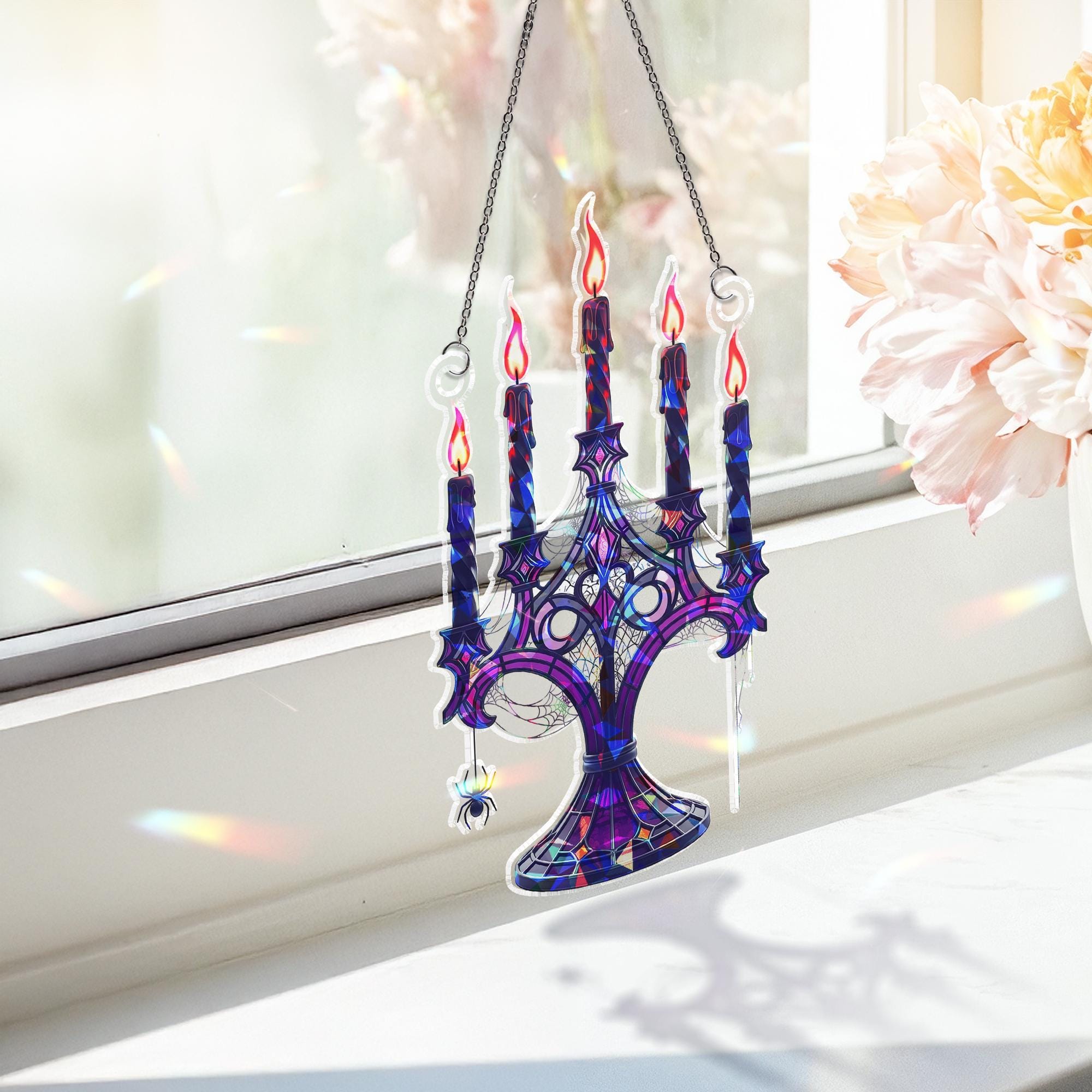 Gothic Candelabra Suncatcher – Halloween Spider Web Window Decor – Spooky Candle Holder Art – Witchy Gothic Hanging Ornament