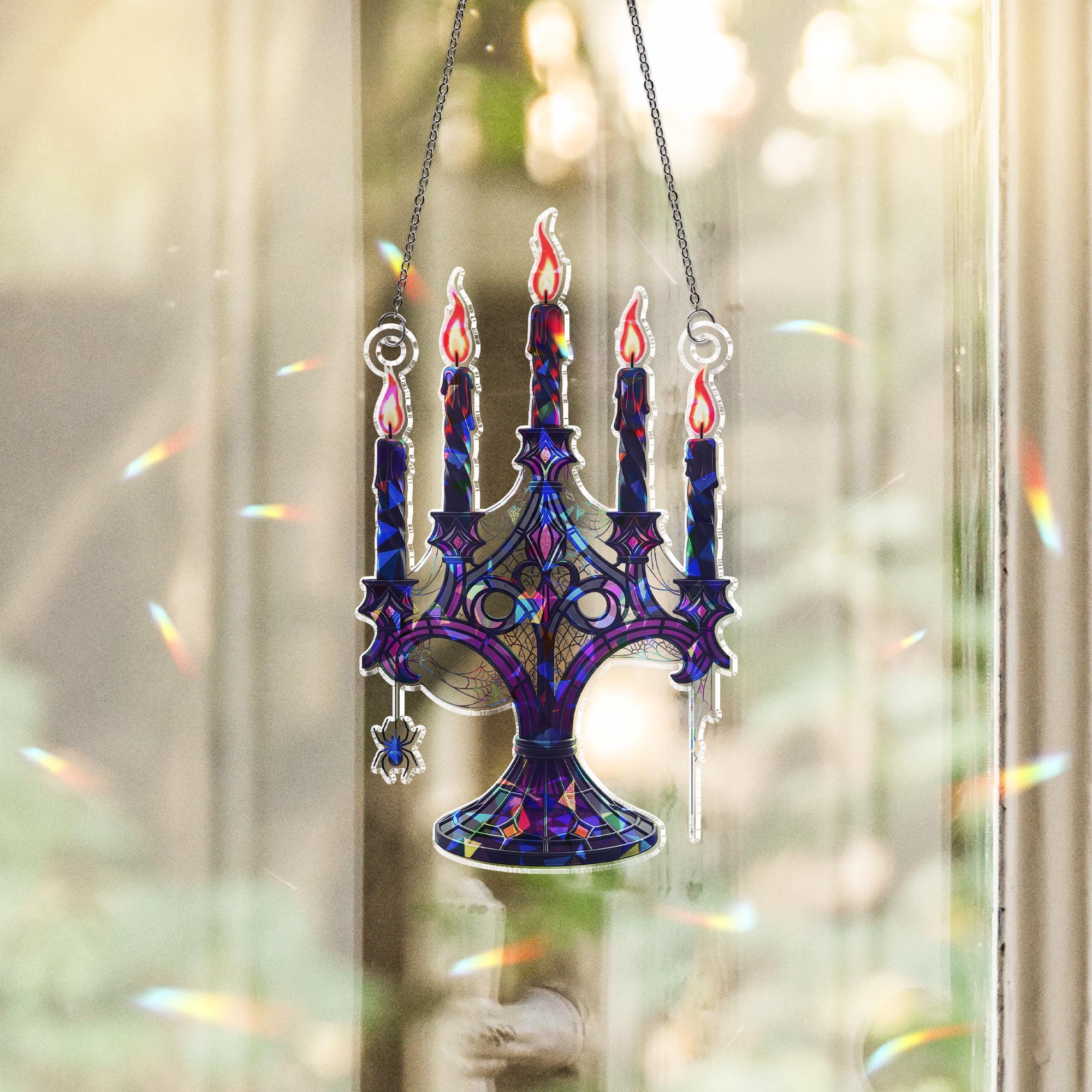 Gothic Candelabra Suncatcher – Halloween Spider Web Window Decor – Spooky Candle Holder Art – Witchy Gothic Hanging Ornament