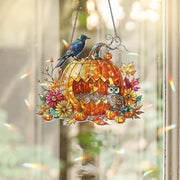 Fall Pumpkin Owl Suncatcher – Autumn Window Decor with Raven and Flowers – Halloween Stained Glass Hanging Ornament