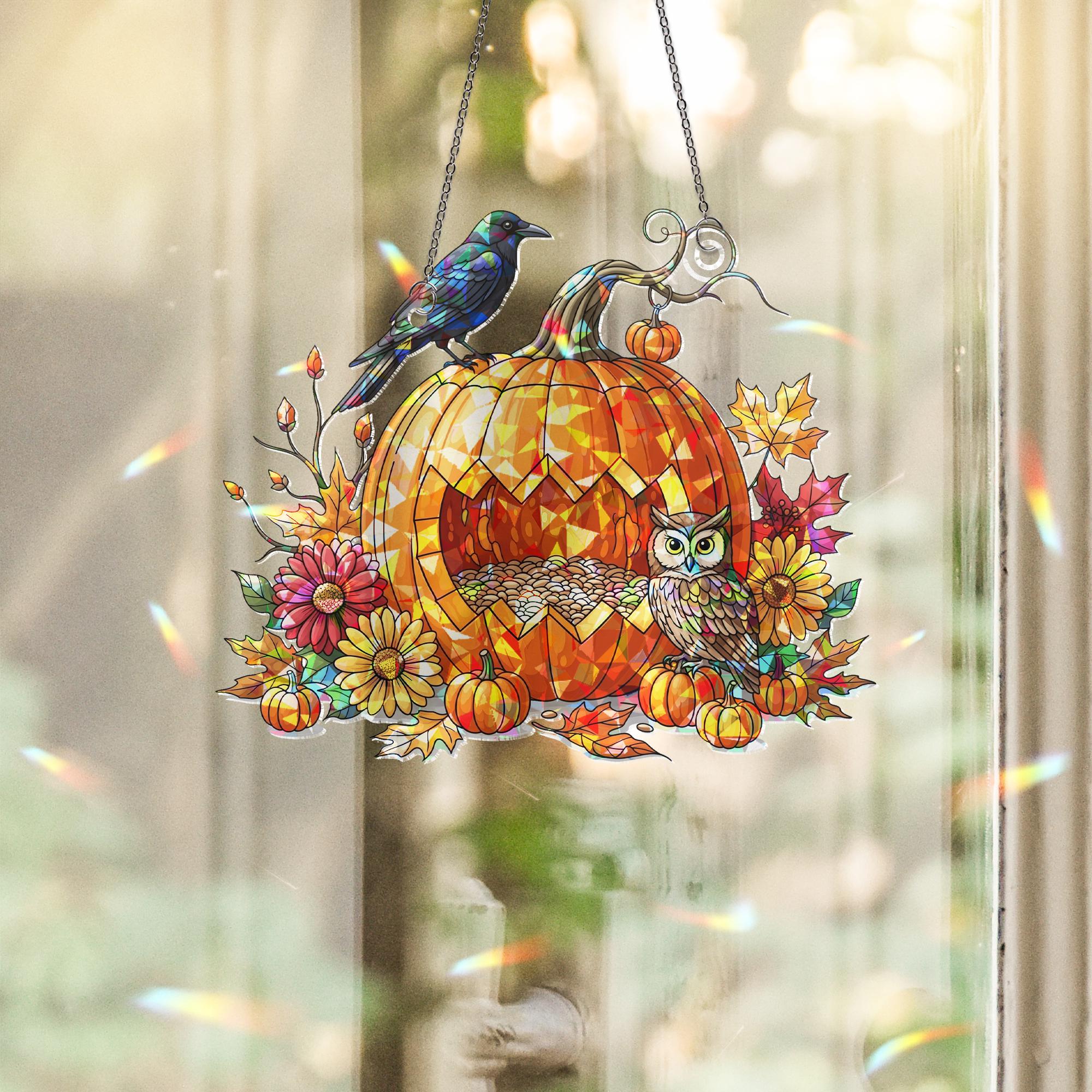 Fall Pumpkin Owl Suncatcher – Autumn Window Decor with Raven and Flowers – Halloween Stained Glass Hanging Ornament