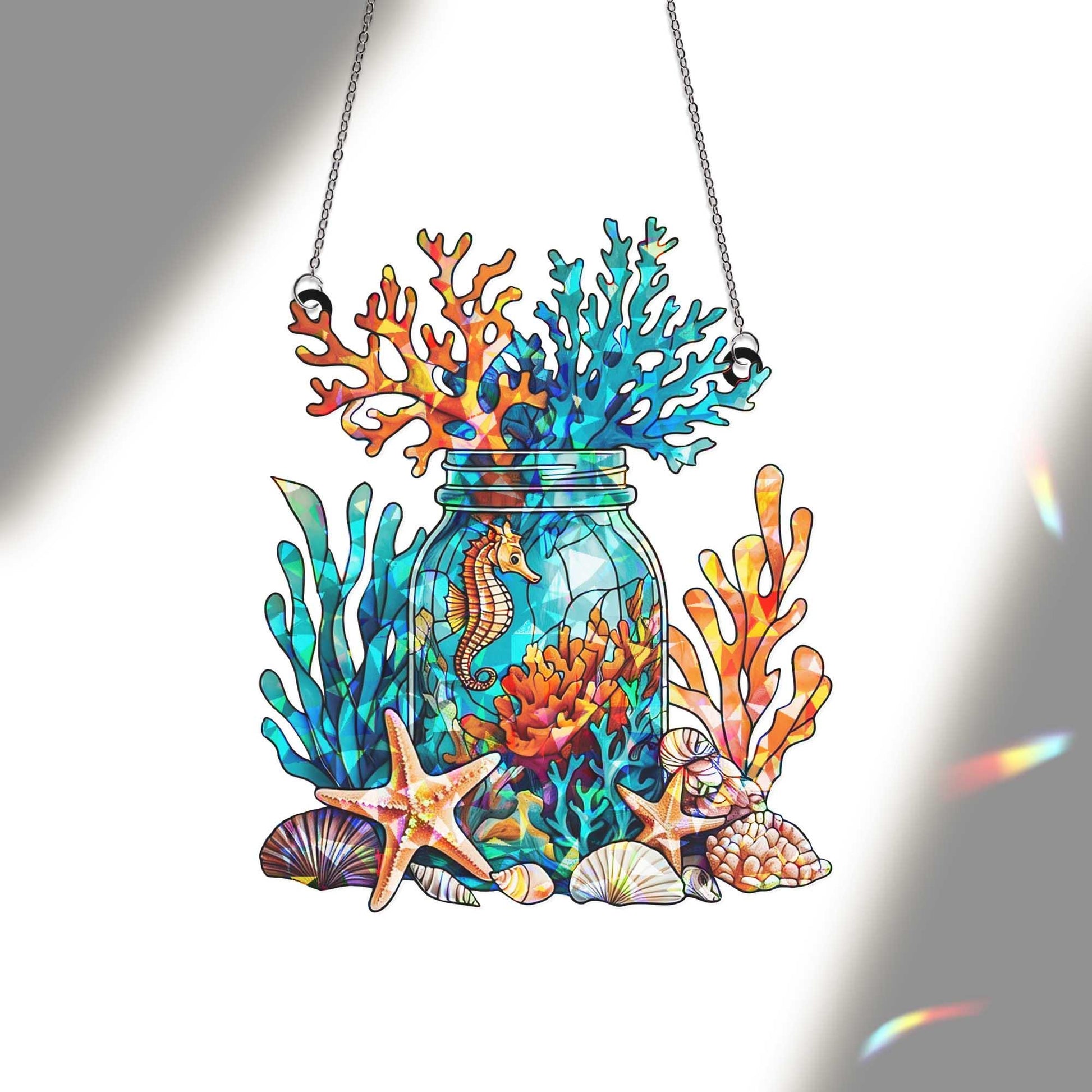 Nautical Window Hanging – Coastal Lantern Art with Seashell, Starfish & Crab, Beach House Ocean Decor, Marine Style Suncatcher Gift