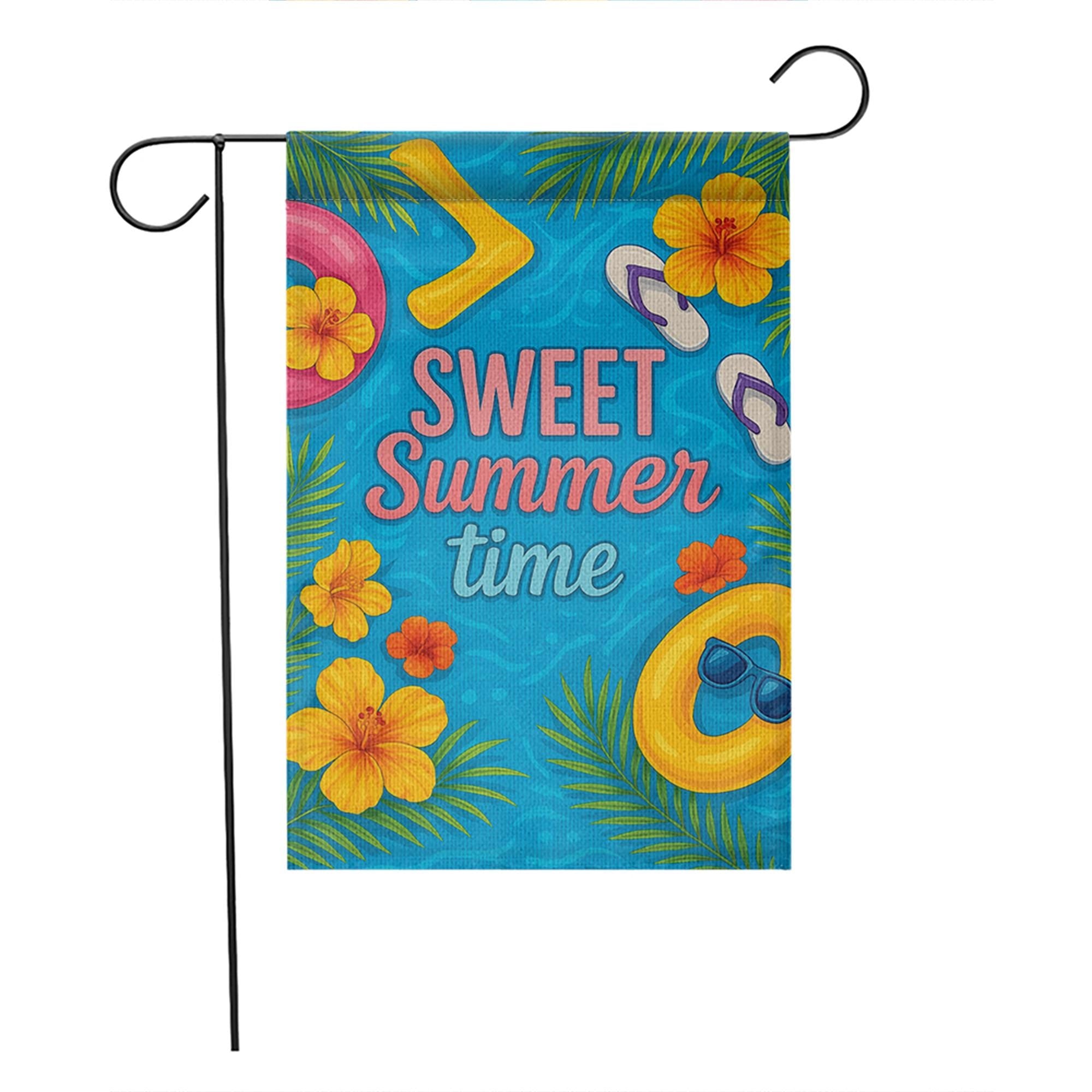 Sweet Summertime Garden Flag - Colorful Summer Yard Decor with Flowers, Pool Float & Flip Flops - Outdoor Seasonal House Flag