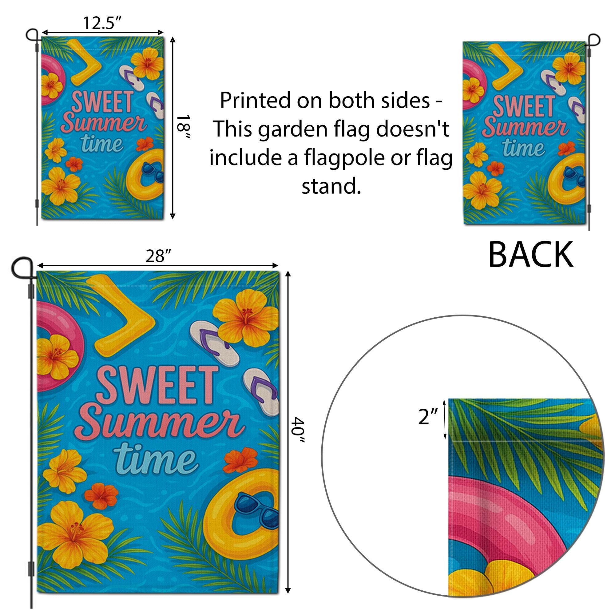 Sweet Summertime Garden Flag - Colorful Summer Yard Decor with Flowers, Pool Float & Flip Flops - Outdoor Seasonal House Flag