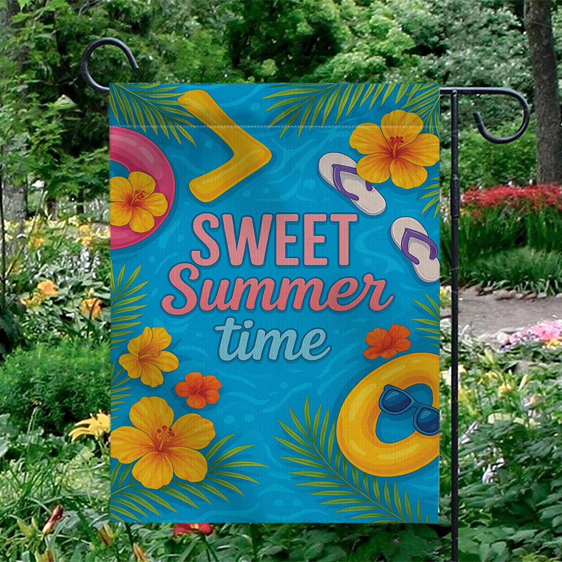 Sweet Summertime Garden Flag - Colorful Summer Yard Decor with Flowers, Pool Float & Flip Flops - Outdoor Seasonal House Flag