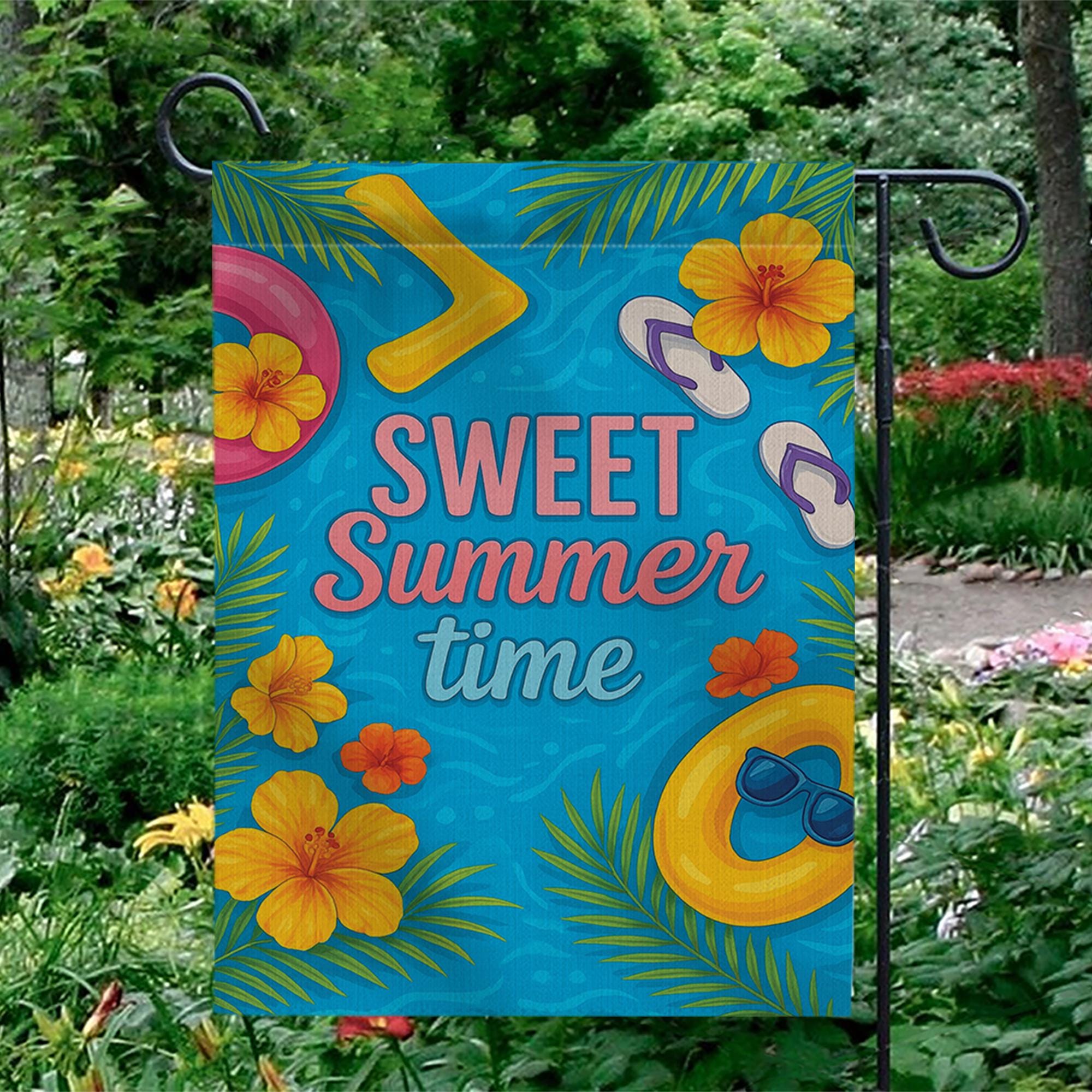 Sweet Summertime Garden Flag - Colorful Summer Yard Decor with Flowers, Pool Float & Flip Flops - Outdoor Seasonal House Flag