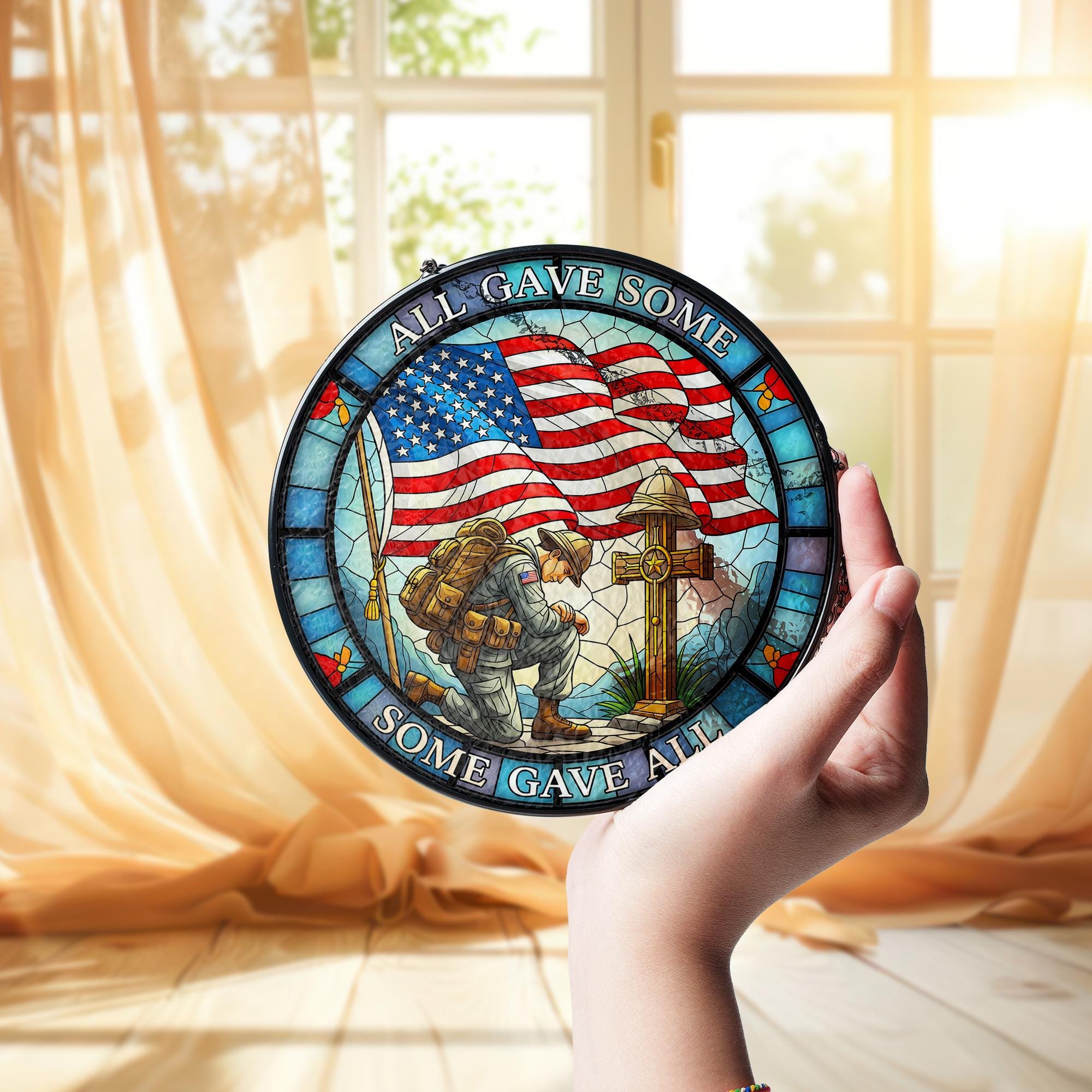Patriotic Glass Suncatcher, Kneeling Soldier American Flag Memorial Day Ornament Decor, All Gave Some Some Gave All, Military Remembrance
