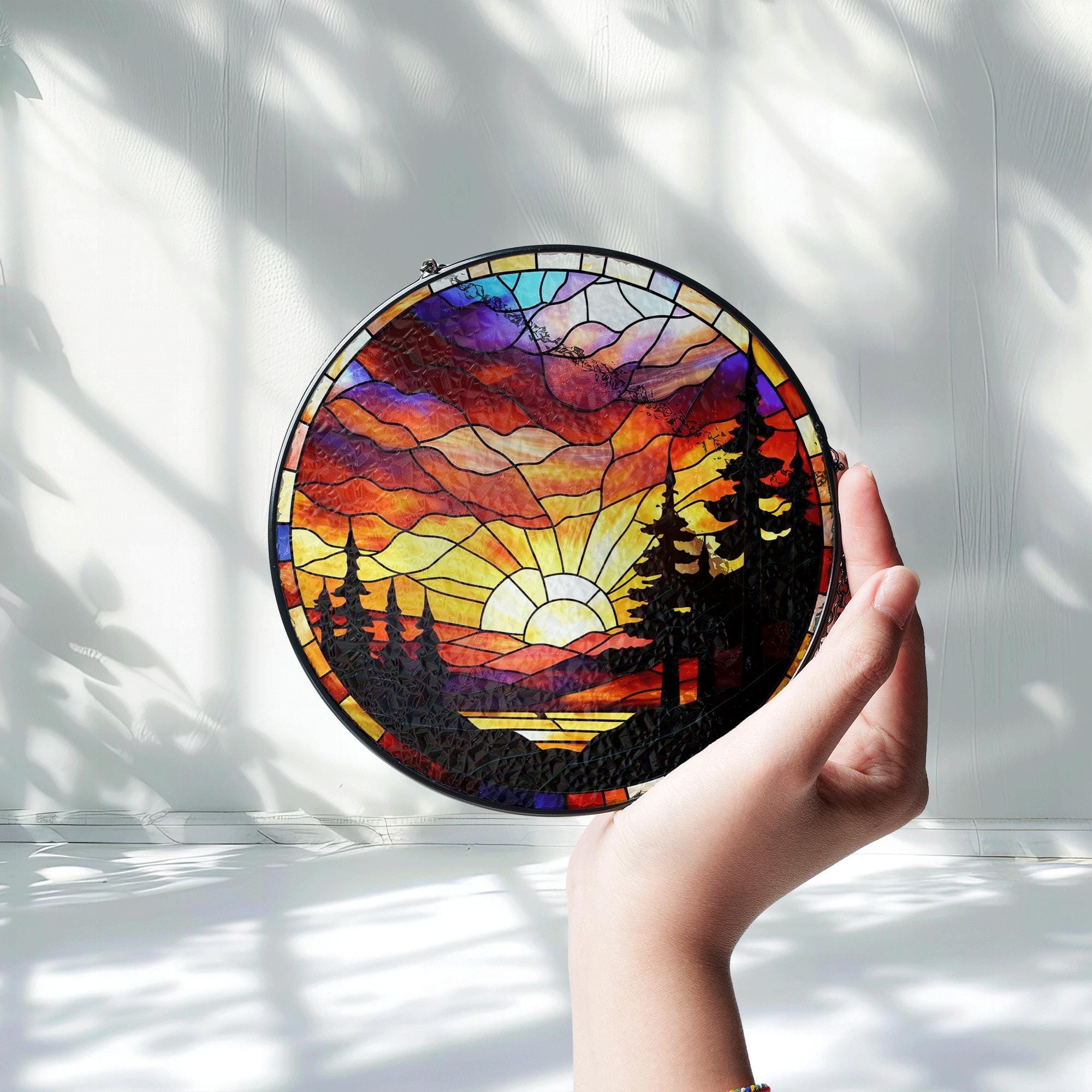 Forest Sunset Glass Suncatcher – Nature Tree Silhouette Window Hanging, Vibrant Mountain Landscape Sun Catcher Gift
