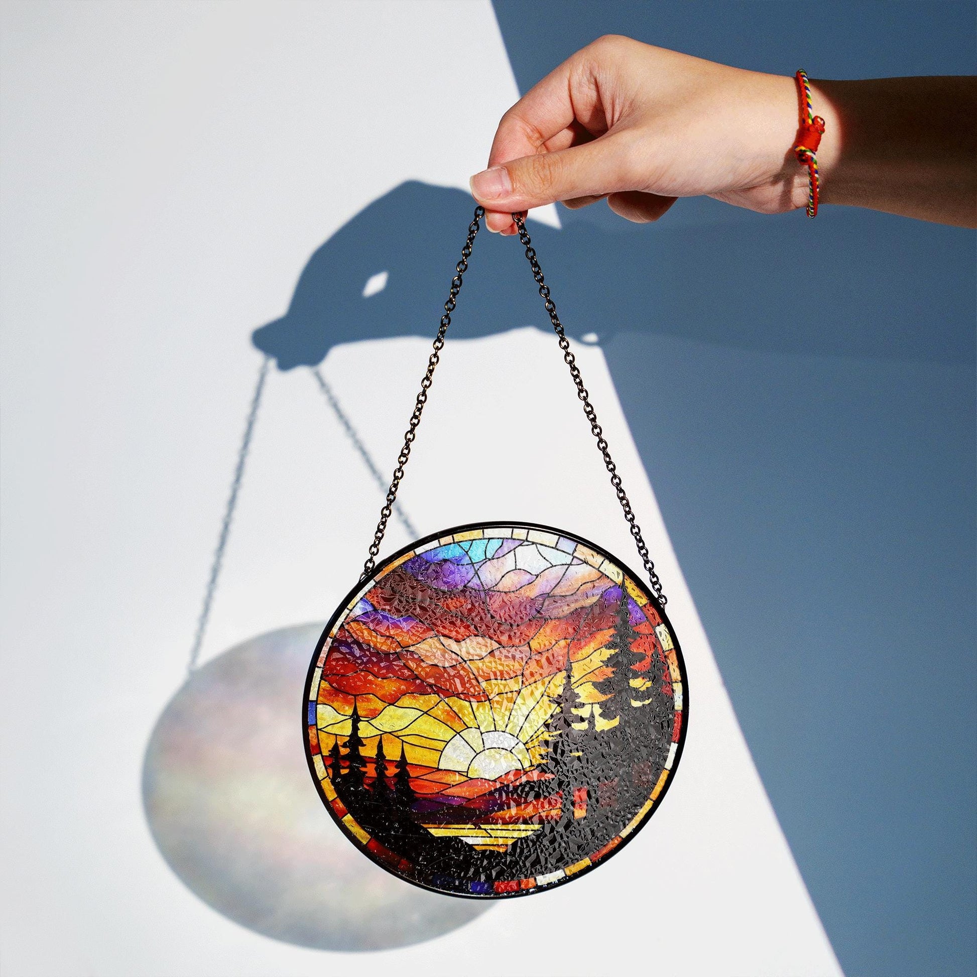 Forest Sunset Glass Suncatcher – Nature Tree Silhouette Window Hanging, Vibrant Mountain Landscape Sun Catcher Gift