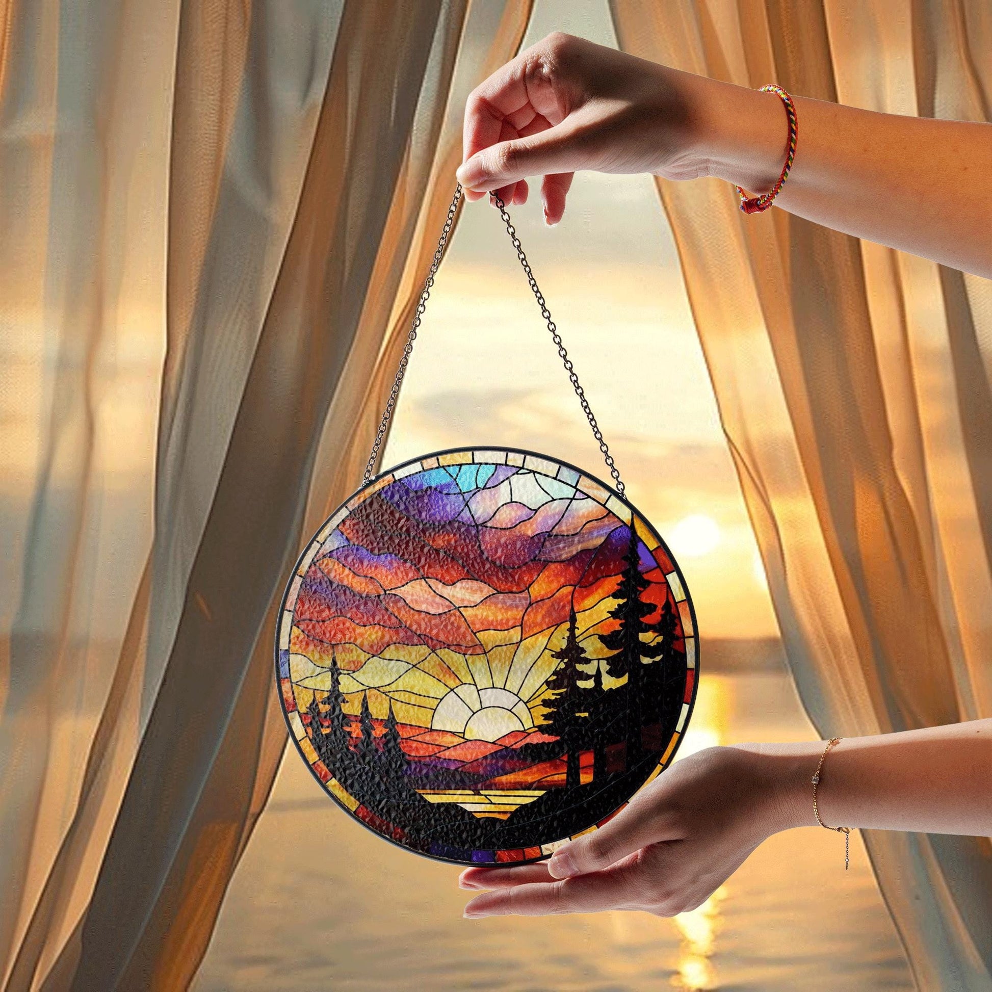 Forest Sunset Glass Suncatcher – Nature Tree Silhouette Window Hanging, Vibrant Mountain Landscape Sun Catcher Gift