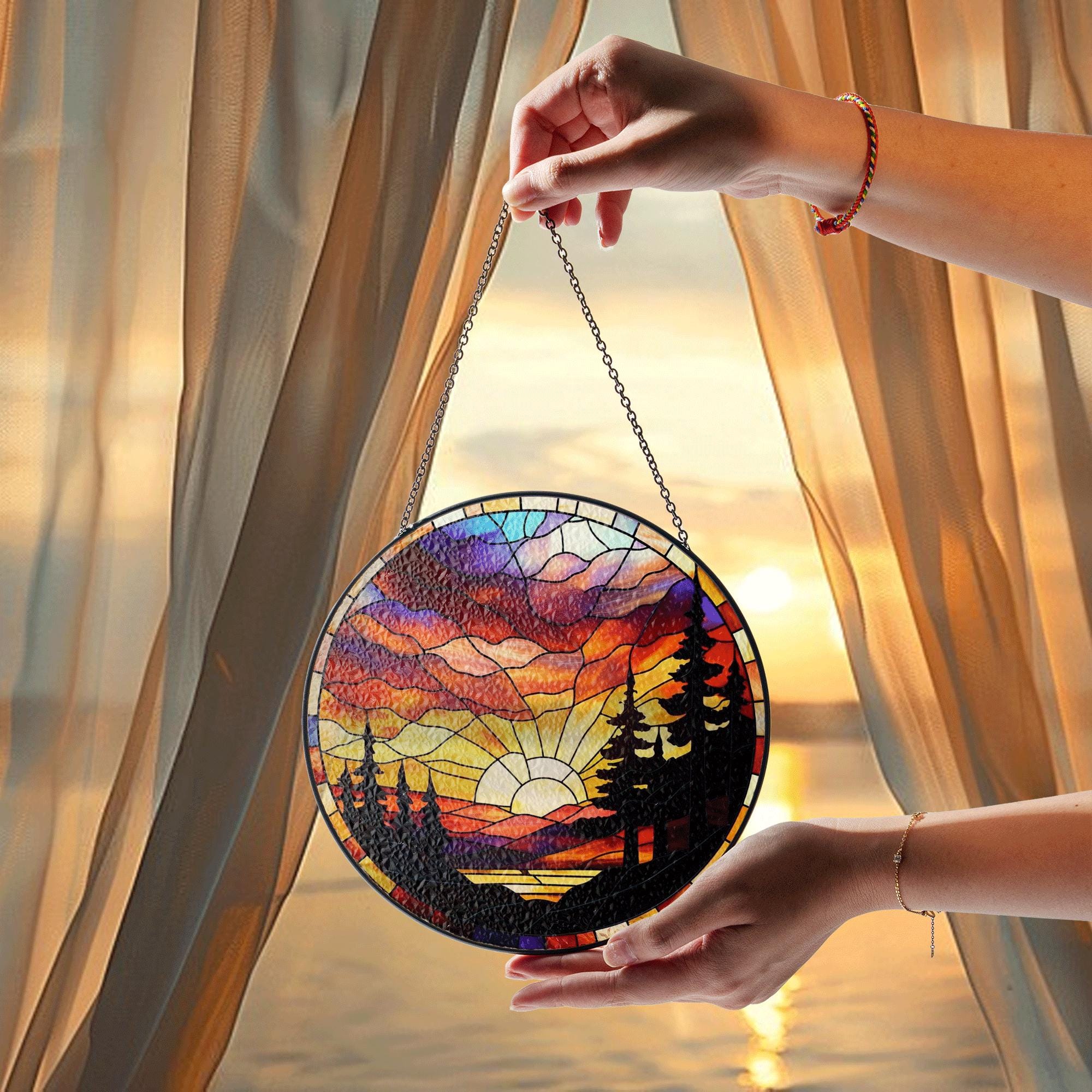 Forest Sunset Glass Suncatcher – Nature Tree Silhouette Window Hanging, Vibrant Mountain Landscape Sun Catcher Gift