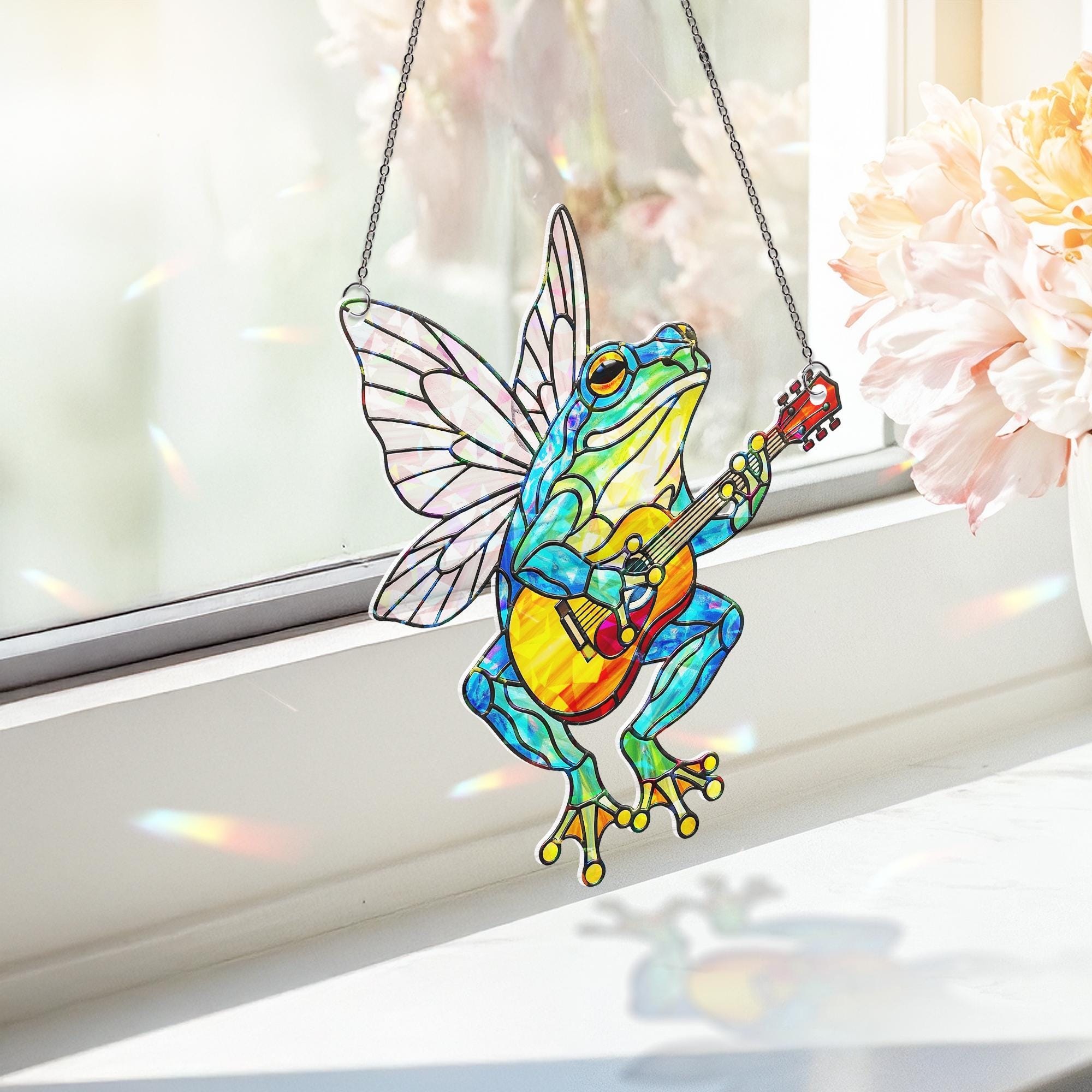 Fairy Frog Holographic Suncatcher | Whimsical Guitar-Playing Window Decor | Cottagecore Fantasy Gift | Froggy Fairycore Art