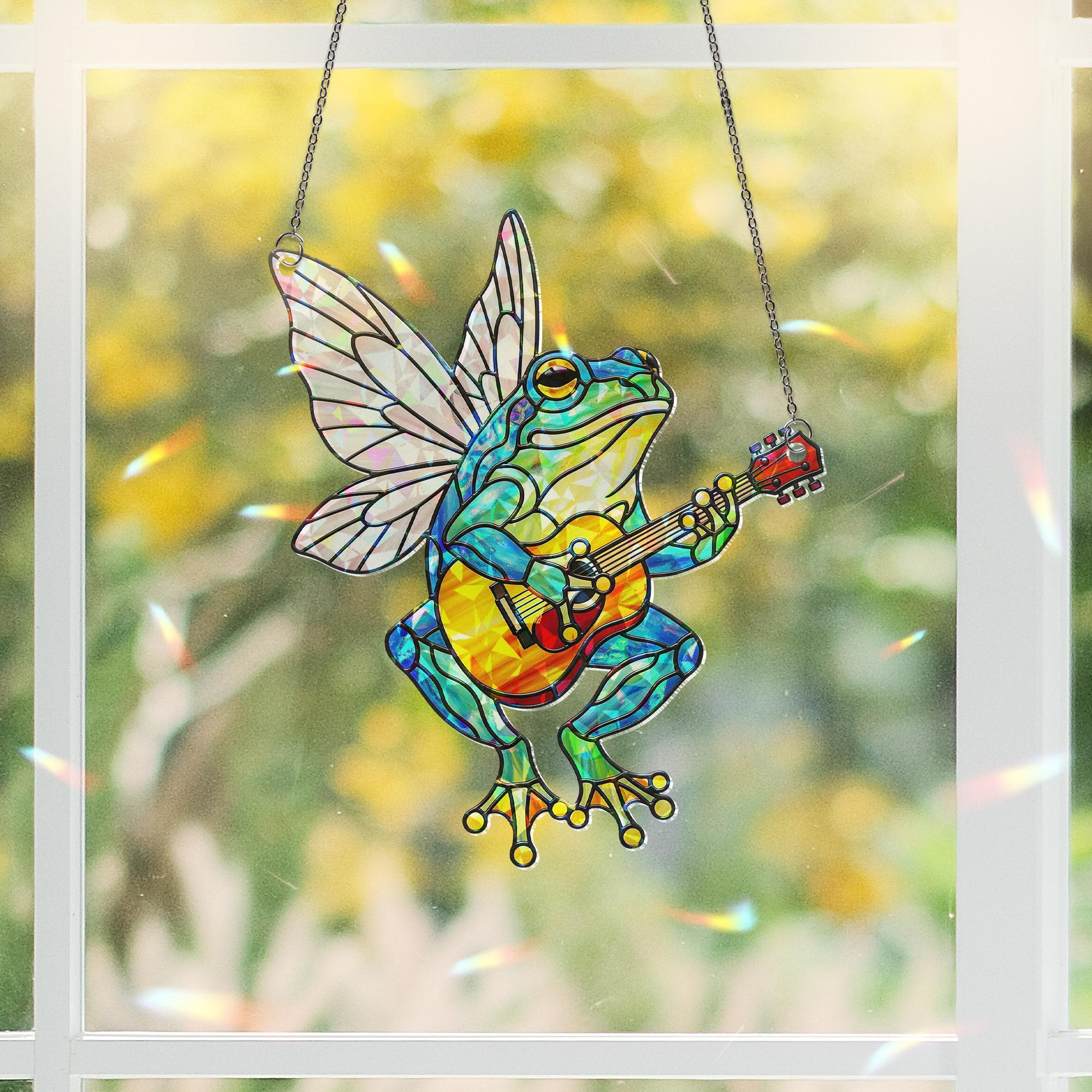 Fairy Frog Holographic Suncatcher | Whimsical Guitar-Playing Window Decor | Cottagecore Fantasy Gift | Froggy Fairycore Art