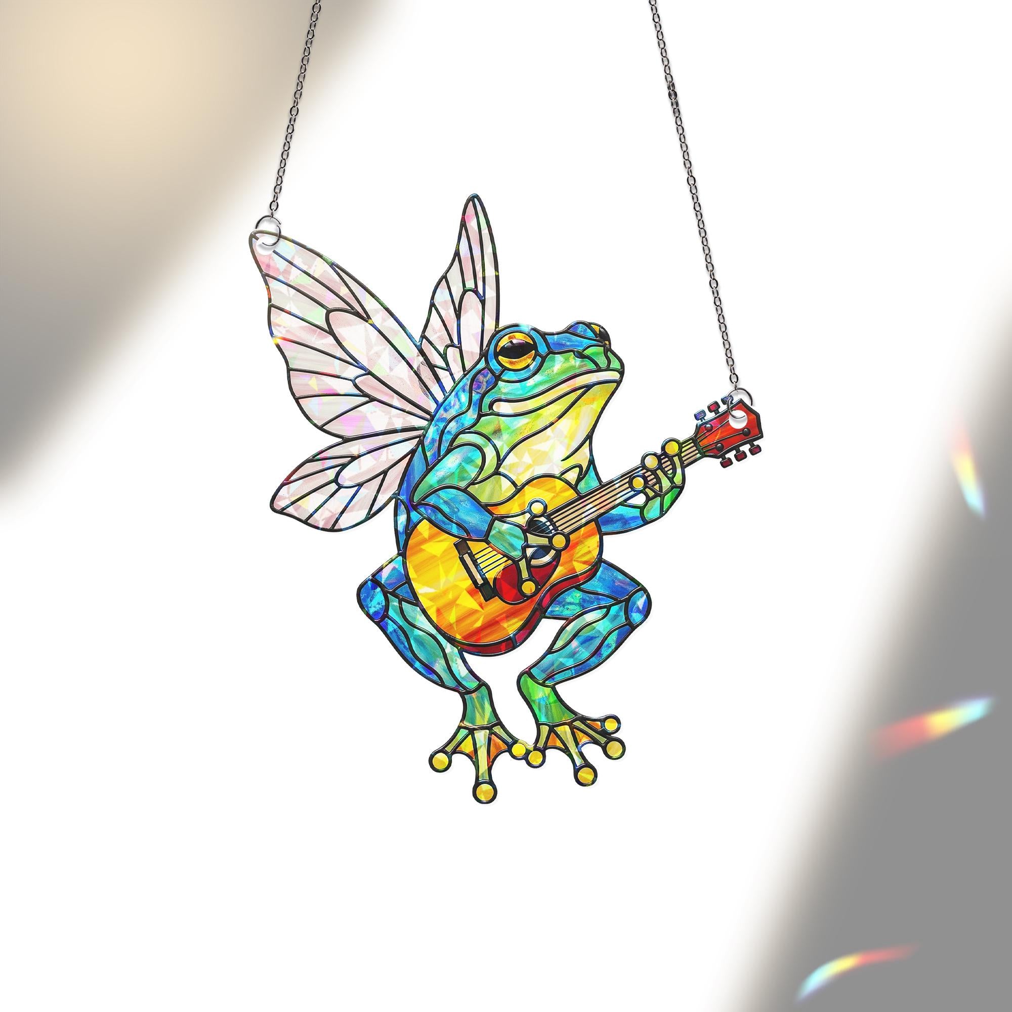 Fairy Frog Holographic Suncatcher | Whimsical Guitar-Playing Window Decor | Cottagecore Fantasy Gift | Froggy Fairycore Art