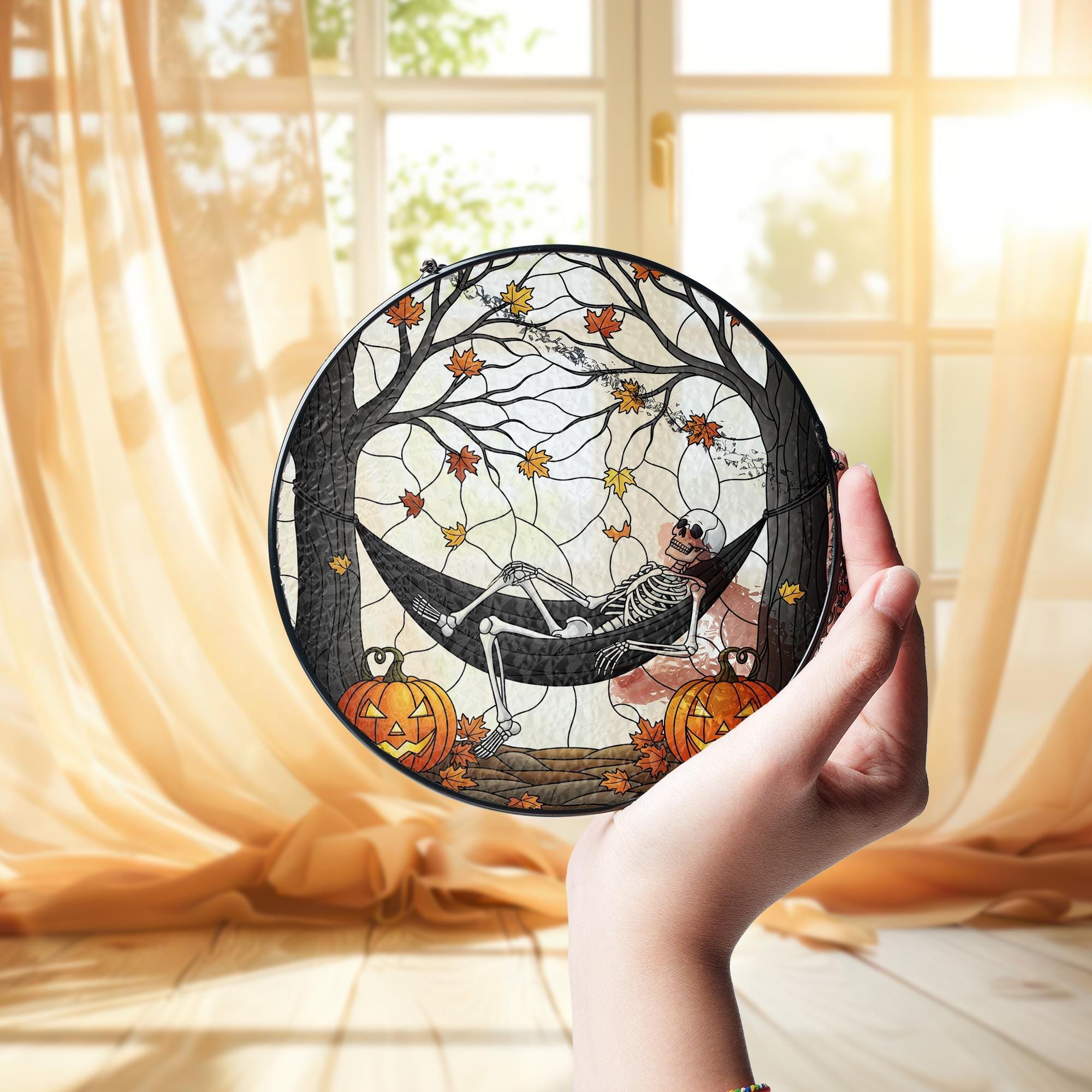 Spooky Skeleton in Hammock Suncatcher, Stained Glass Window Hanging, Gothic Halloween Decor, Autumn Fall Pumpkin Art