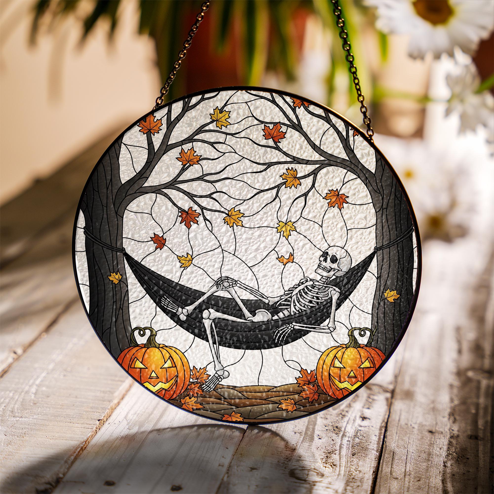 Spooky Skeleton in Hammock Suncatcher, Stained Glass Window Hanging, Gothic Halloween Decor, Autumn Fall Pumpkin Art
