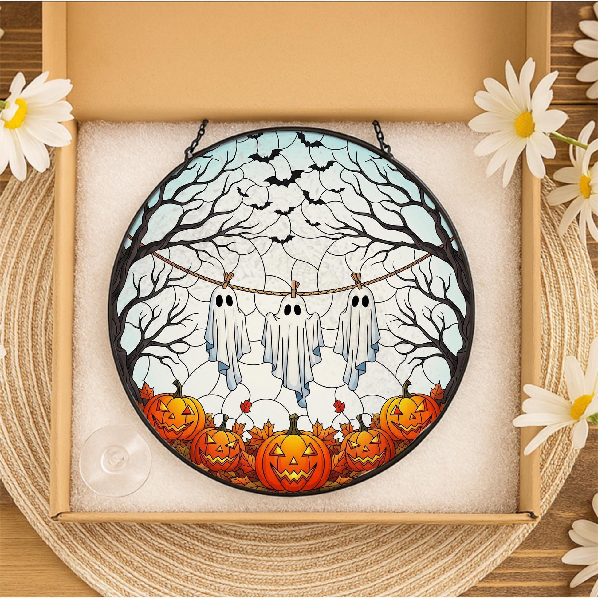 Ghosts on Clothesline Suncatcher, Stained Glass Halloween Decor, Cute Spooky Window Hanging, Pumpkin and Bat Art, Fall Gothic Decoration