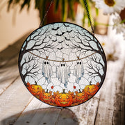 Ghosts on Clothesline Suncatcher, Stained Glass Halloween Decor, Cute Spooky Window Hanging, Pumpkin and Bat Art, Fall Gothic Decoration