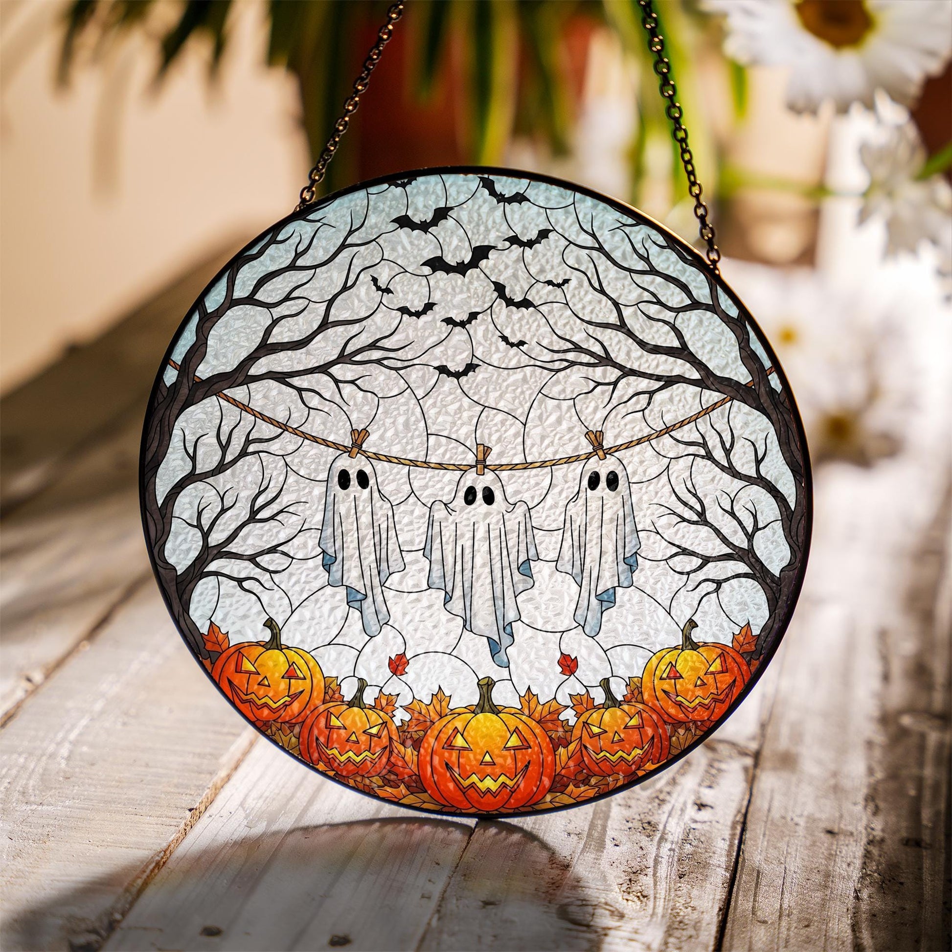 Ghosts on Clothesline Suncatcher, Stained Glass Halloween Decor, Cute Spooky Window Hanging, Pumpkin and Bat Art, Fall Gothic Decoration