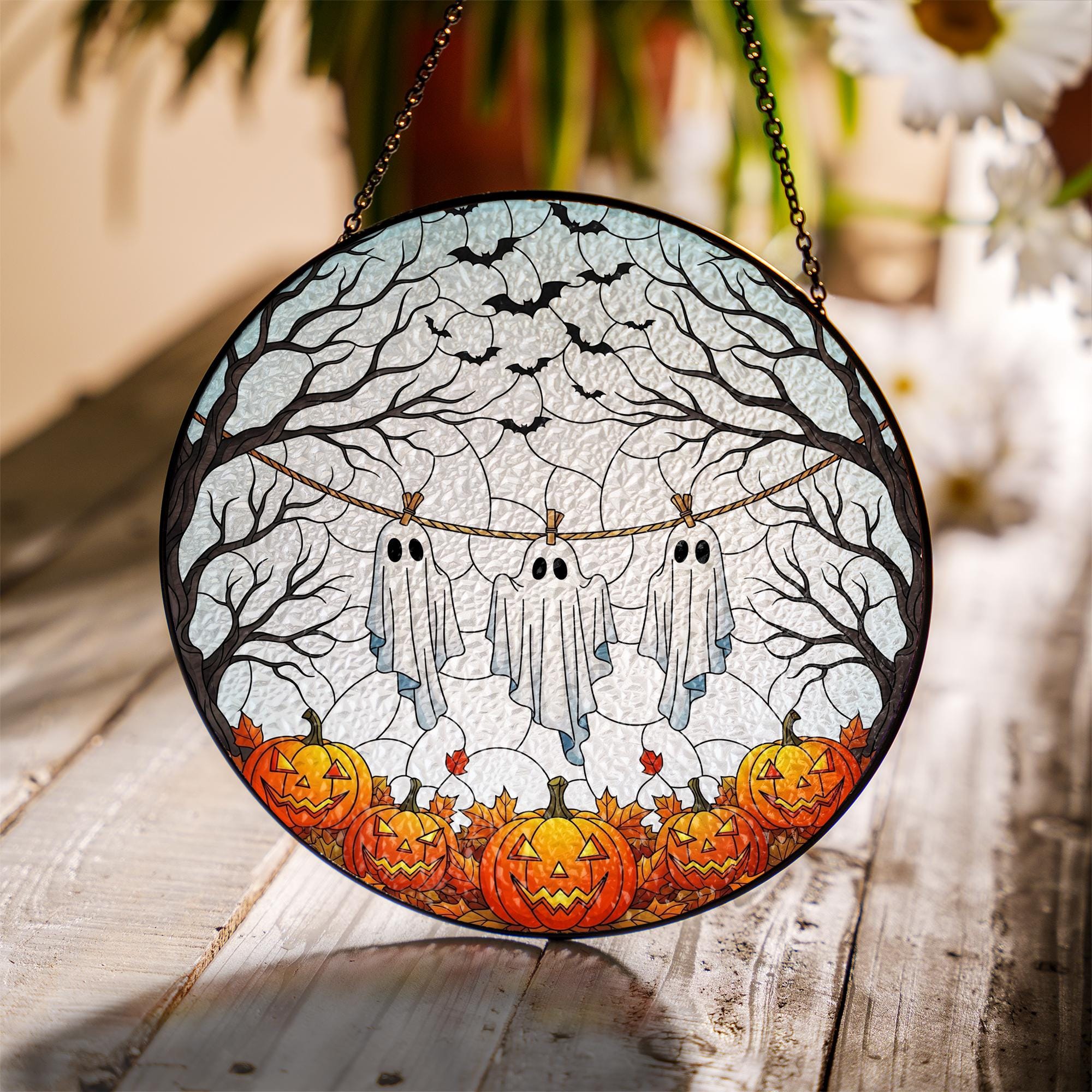 Ghosts on Clothesline Suncatcher, Stained Glass Halloween Decor, Cute Spooky Window Hanging, Pumpkin and Bat Art, Fall Gothic Decoration